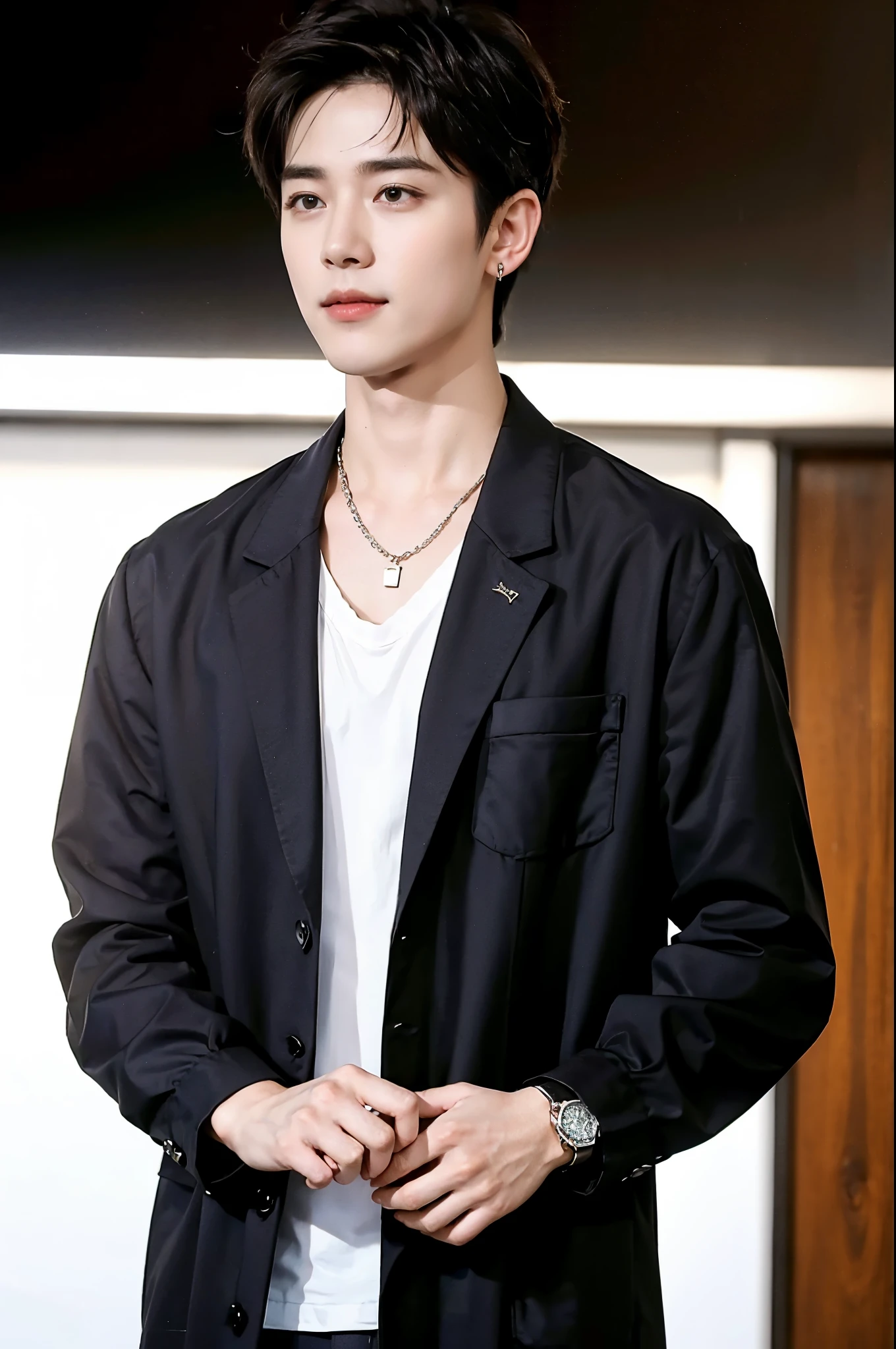 ((highest quality, 8k, masterpiece: 1.3))、cool korean men, 20 year old male、korean style long hair、sturdy face、handsome nose、detailed eyes and face、High resolution、Mouth Details、thin mouth、,smile、whole body: 1.5, perfect body shape: 1.photo of both shoulders:1.3, He is wearing a white T-shirt and a casual black coat.。:1.5, accessories earrings, necklace, mens rings, mens watches),solo,stand up straight,look straight at the camera,breast enhancement,