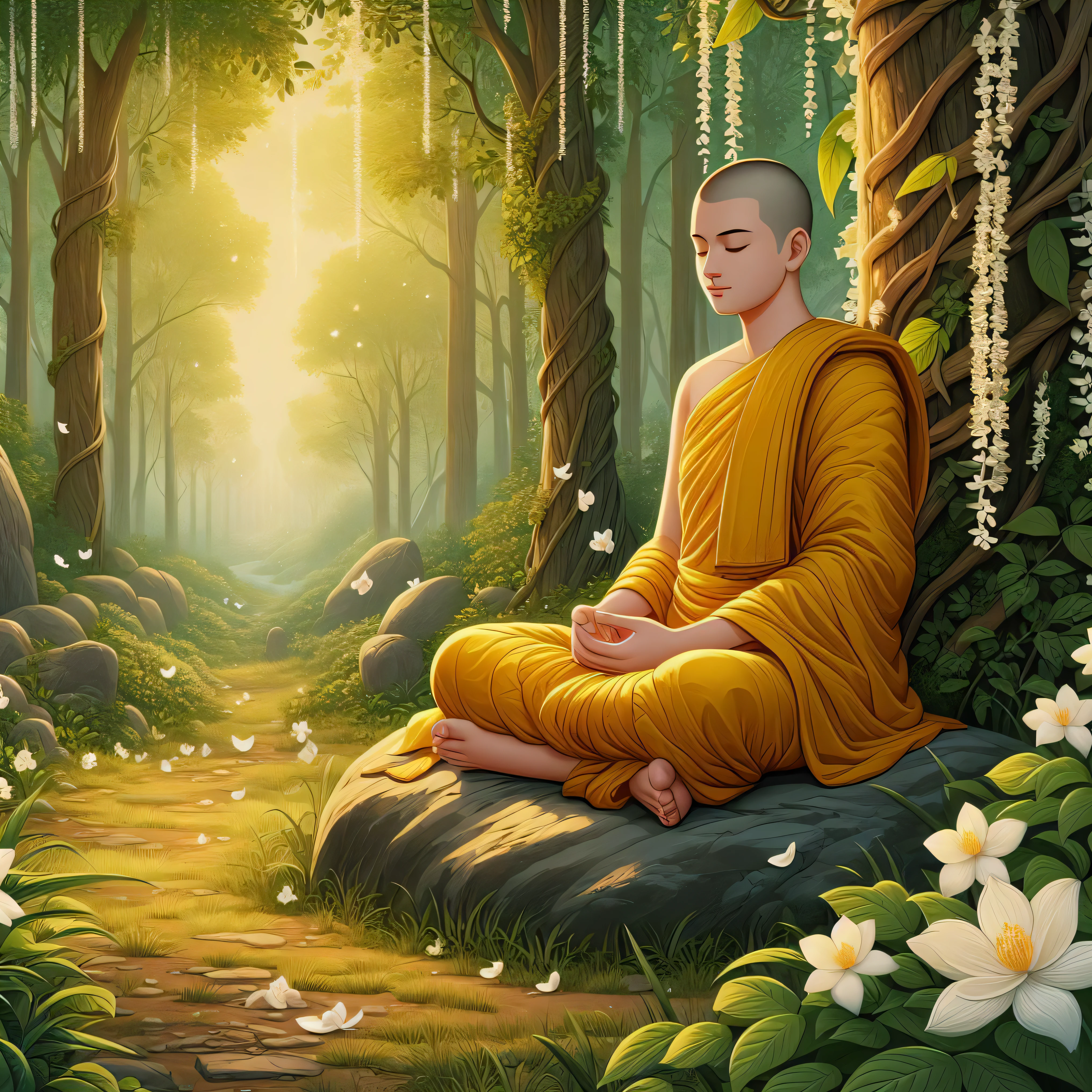 buddha sitting on a rock in a forest with flowers, monk meditate, buddhist monk meditating, on path to enlightenment, buddhism, on the path to enlightenment, hindu stages of meditation, buddhist, the buddha, buddhist monk, meditating, samsara, meditation, spiritual enlightenment, serene illustration, praying meditating, zen meditation, concept art of a monk, buddha