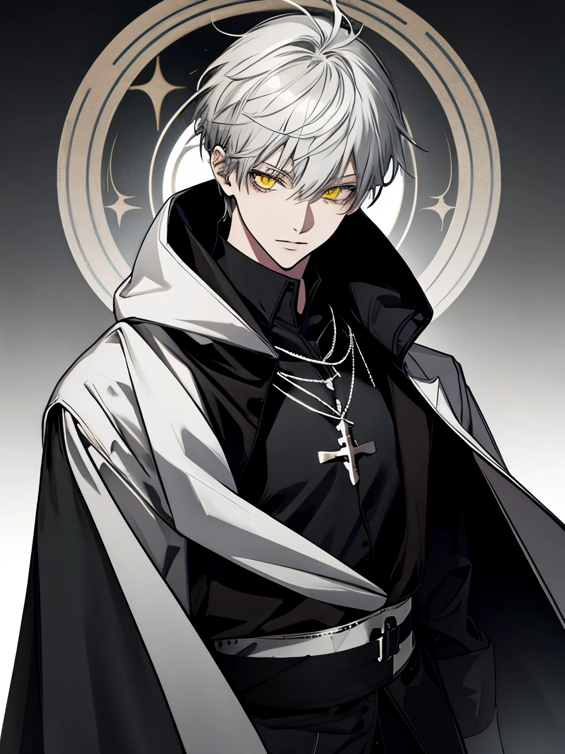 male, handsome, short hair, silver hair, yellow eyes, black cloak with mantle and hood, silver cross necklace, black shirt, medieval