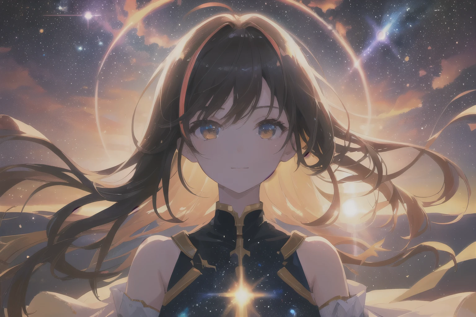 1girl, masterpiece, best quality, extremly detailed, Cinematic lighting, highres, official art, finely detailed beautiful face, high resolution illustration, 8k, overexposure, multicolored hair, gradient hair, black hair, white hair, medium hair, floating hair, upper body, universe, space, sunshine, lens flare, galaxy, nebula, movie still, cloud girl, floating in the sky, close-up, bright, happy, warm soft lighting, sunset