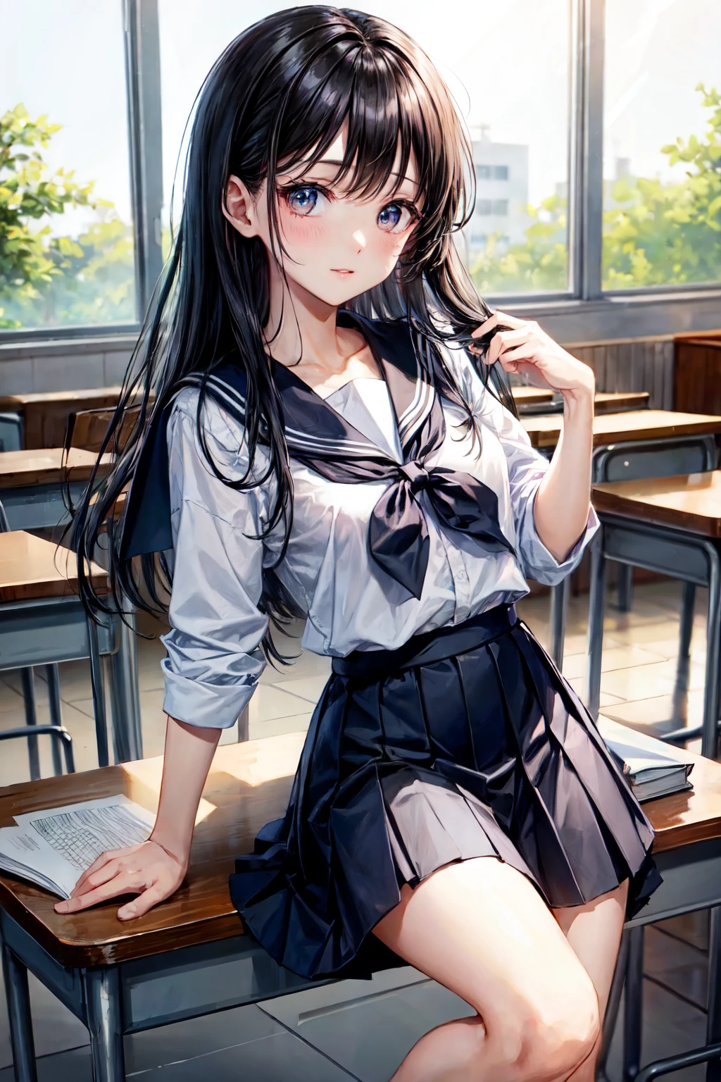 highest quality、cinematic lighting、black hair、sailor suit、long skirt、school classroom、