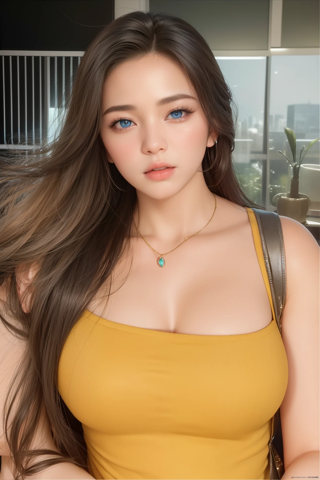 Beautiful big breastokeh), indoors, detailed luxury living room, gentle and charming beautiful goddess, Korean(kpop-idol), solo, necklace, oval face, double eyelids, smart, good hands, good feet, Natural, (from below angle), (glossy skin:1.05), ((low angle)), Perfect figure, (64k, UHD, RAW photo, best quality, masterpiece:1.4), (realistic, photo-realistic:1.37), ultra high res, photon mapping, radiosity, physically-based rendering, professional soft lighting, blue eyes, purpel hair