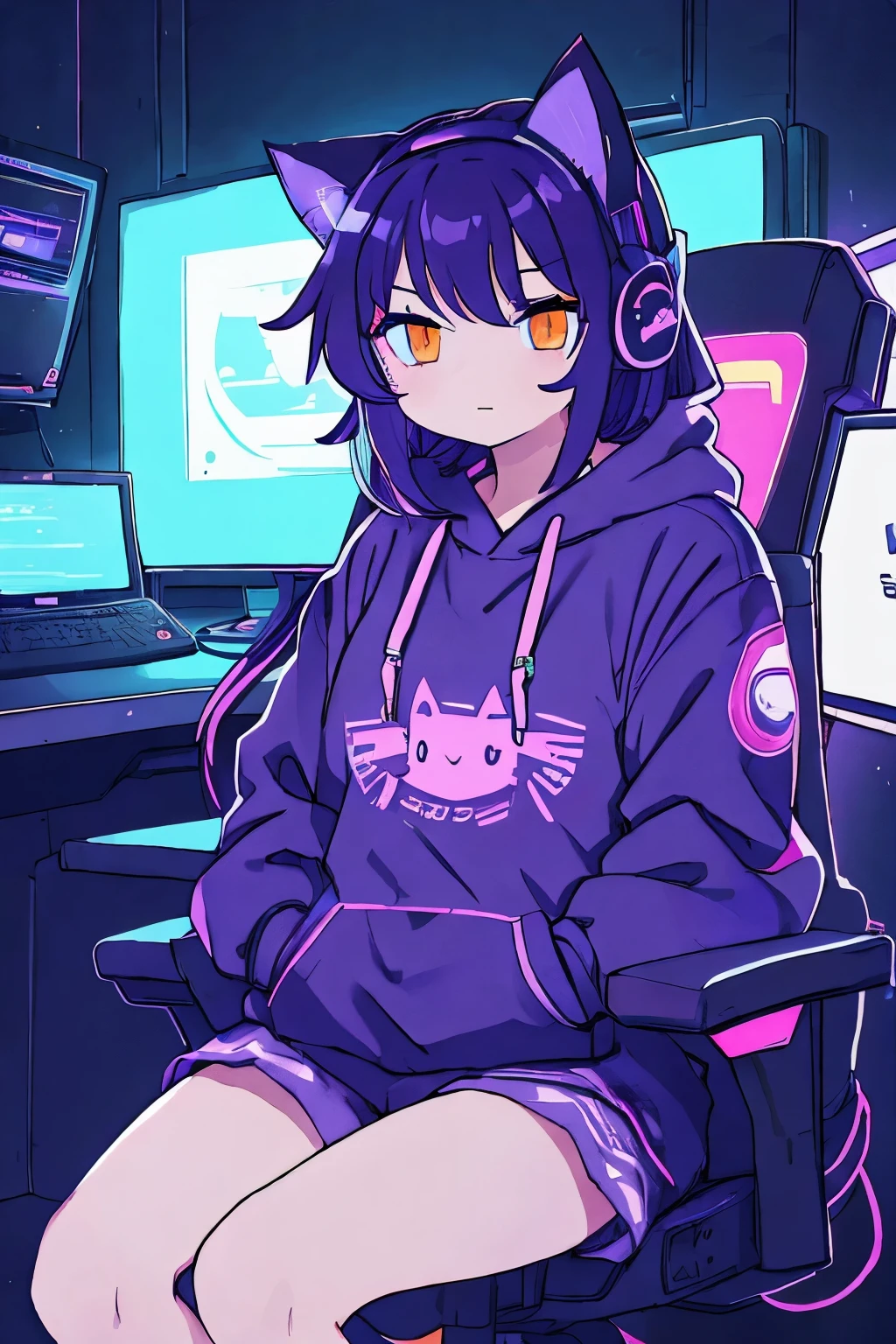 cat ears girl、purple hair、messy hairstyle、Orange eyes、wear headphones、long hoodie、 sport shorts、 barefoot、Sit in the game chair、monitor、cyber-、neon sign、