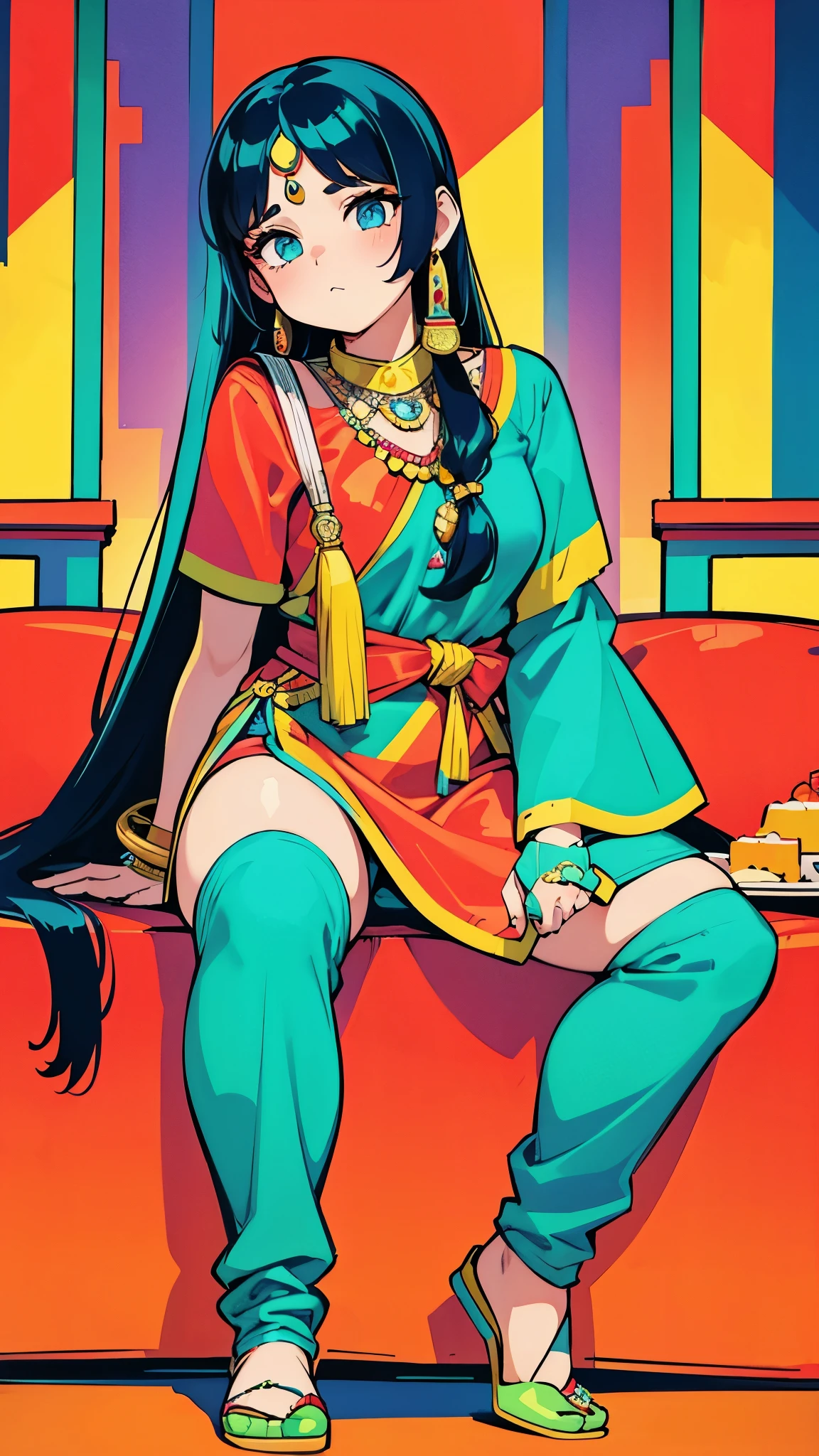 ,pawg, tomboy,RETRO ART STYLE, NEON_POP ART STYLE, ART STYLE,indian outfit, indian dress, indian traditional outfit, saari, very long hairs, 3 girl, standing, jewels, jewelry,  mini skirt, siting, 