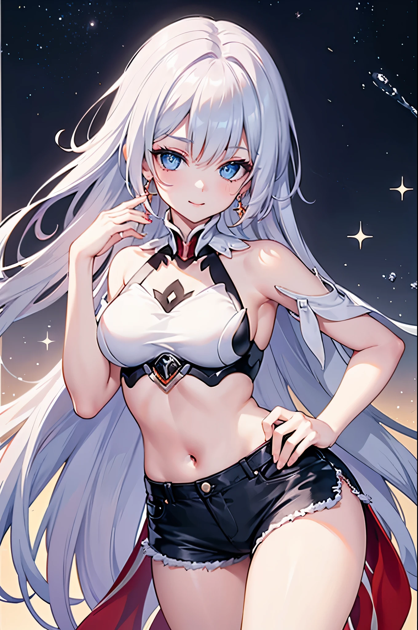 realistic image, coherent image, detailed image, 1 beautiful girl. She has silver hair, long hair. Blue eyes, long eyelashes. Her face is oval and delicate. Smiling. She is wearing a small sleeveless shirt, jean shorts. She has a curvy body, medium breasts, thick thighs. she pose sexy. Background of the universe, surrounded by stars. natural lighting in front, volumetric lighting