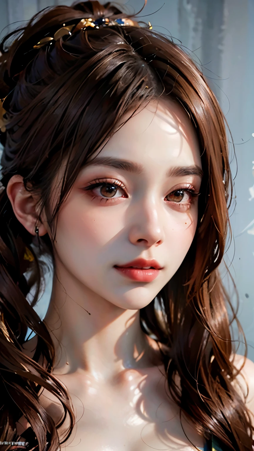 (8K、lifelike、RAW photography、Top quality)、(1 girl)、beautiful face、(cute face)、(Reddish-brown hair、Long curly hair)、Beautiful high ponytail hairstyle、lifelike眼睛、red glasses,Beautiful details、(real skin)、Beautiful skin、(Ren Hao)、absurd、Tempting、huge ,smile,ultra high resolution、Hyperrealistic Realism、high detail、golden ratio,There is a lot of translucent liquid on the face(nasal discharge)