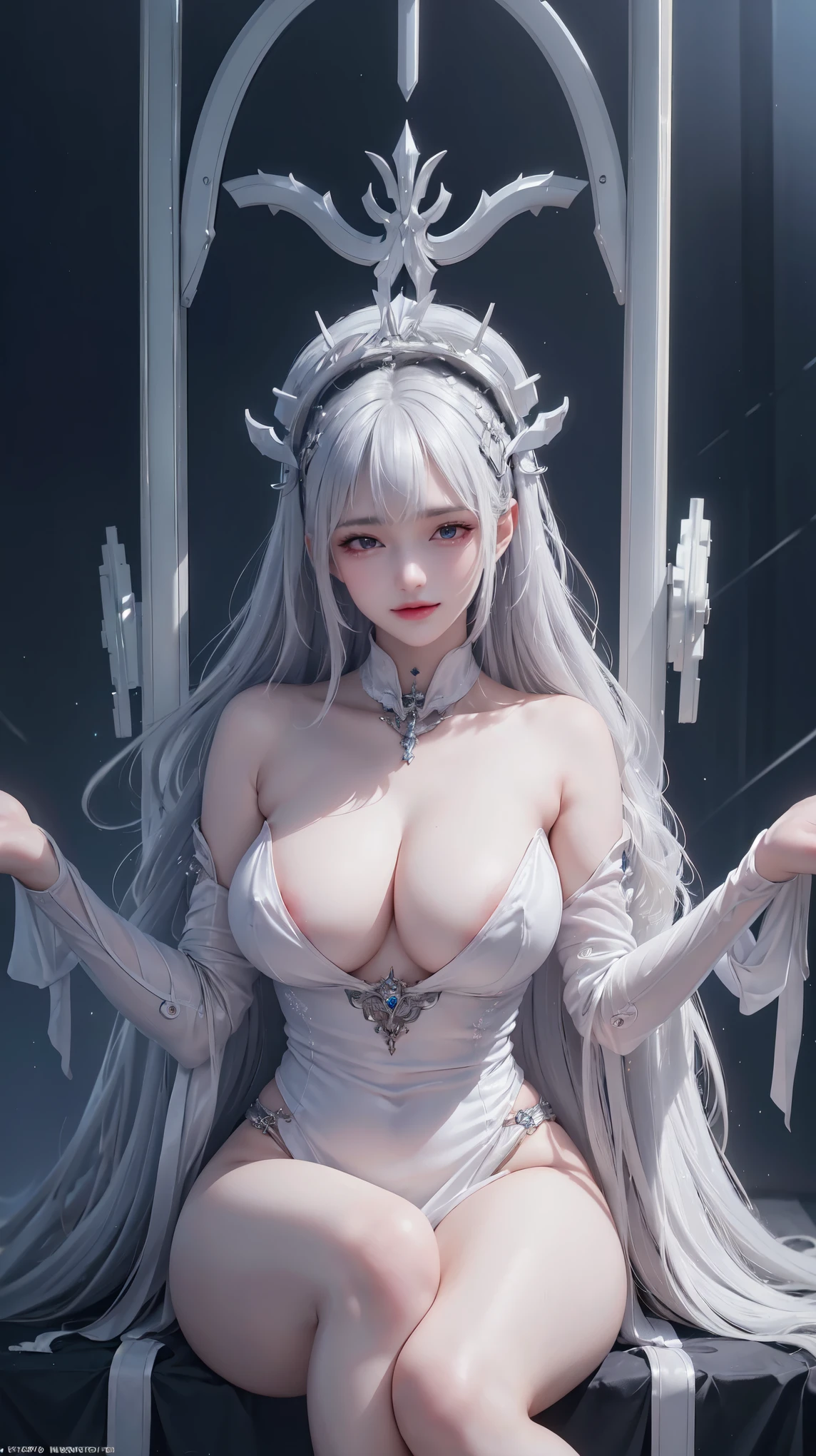 NSFW,((top quality、8k、masterpiece:1.3))Wears a silver-white mech,girl with delicate face,Highest image quality,Ultra-clear,Delicate and clear facial features,end of the world,Mechanical arm,Exquisitely detailed mechanical pattern,cyberpunk characters、number城市、number、century、throne、