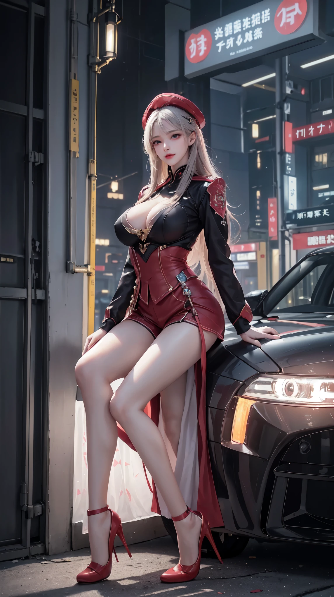 masterpiece,best quality,high resolution, 1個Giant Breast Girl,from below,(The legs are very thin and straight),,(legs are very long,straight legs),,High heel,long legs,stood up, Leg length when viewed from the front, Perfect body,Have perfect legs,(lure),Full body female love,cyberpunk characters,dynamic poses,1個Giant Breast Girl,exquisite eyes,brown eyes,eye shadow,make up,long gray hair, Detailed faces, delicate eyes, looking at the audience, blush blush\(make up\), full lips, red lips,(long gray hair:1.3), (stood up)mechanical static,machine summon,(hair accessories:1.1),hat,((((red school uniform,short shorts)))),(black stockings),City,Luminous winding,,cyberpunk lamp:1.1),neon lights,Fully mechanical and futuristic elements,science and technology,背景是一條中國傳統的street,China Town, street, sky sky, cyberpunk characters, paper lantern, Neon Super Resolution,(Realism:1.3),1(Slim:1.2),dramatic lighting,Vibrant details,Luxury Cyberpunk,complex background,Rendered by Octane,