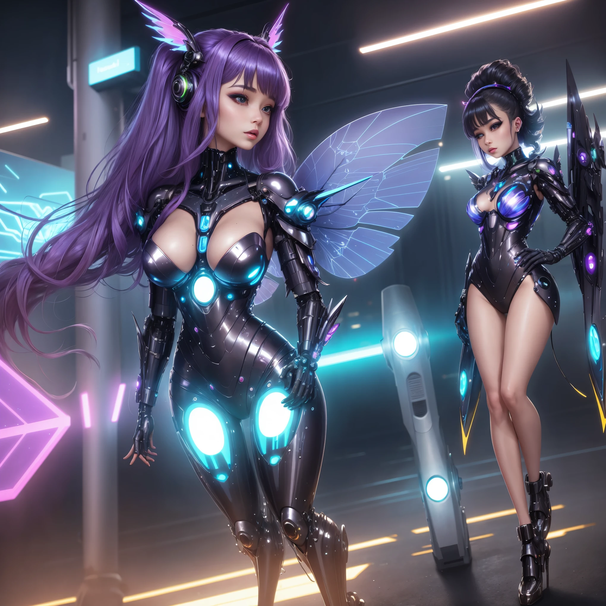 a beautiful cyber fairy, medium hair, beautiful body, shiny wings, wearing a futuristic cyber dress in a futuristic city