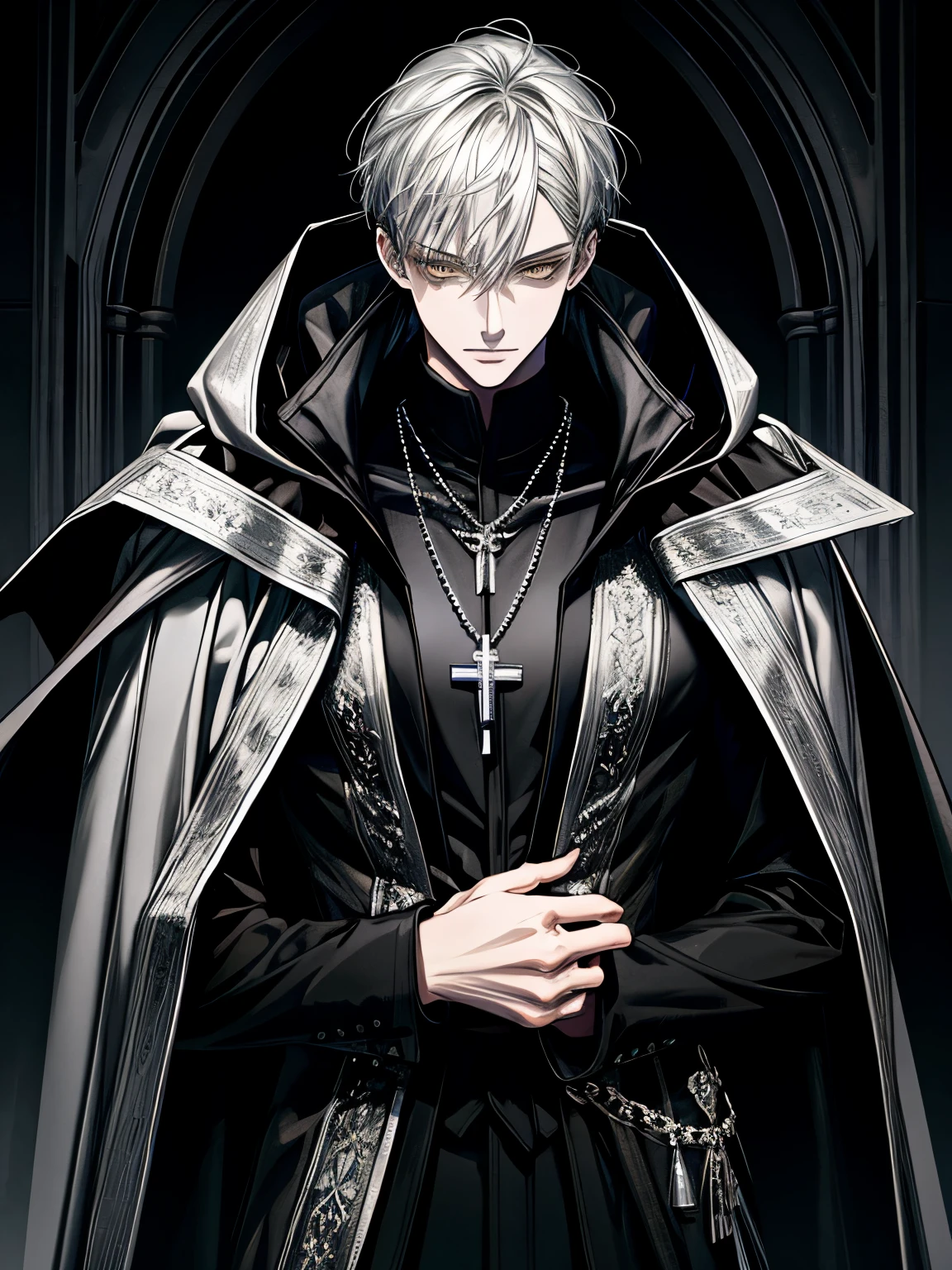 (masterpiece, best quality), solo, 1 male, adult, mature, tall muscular guy, Dark theme, intricate details, Fantasy, short hair, silver hair, yellow eyes, black cloak with mantle and hood, silver cross necklace, black shirt, medieval, dark background, ruins