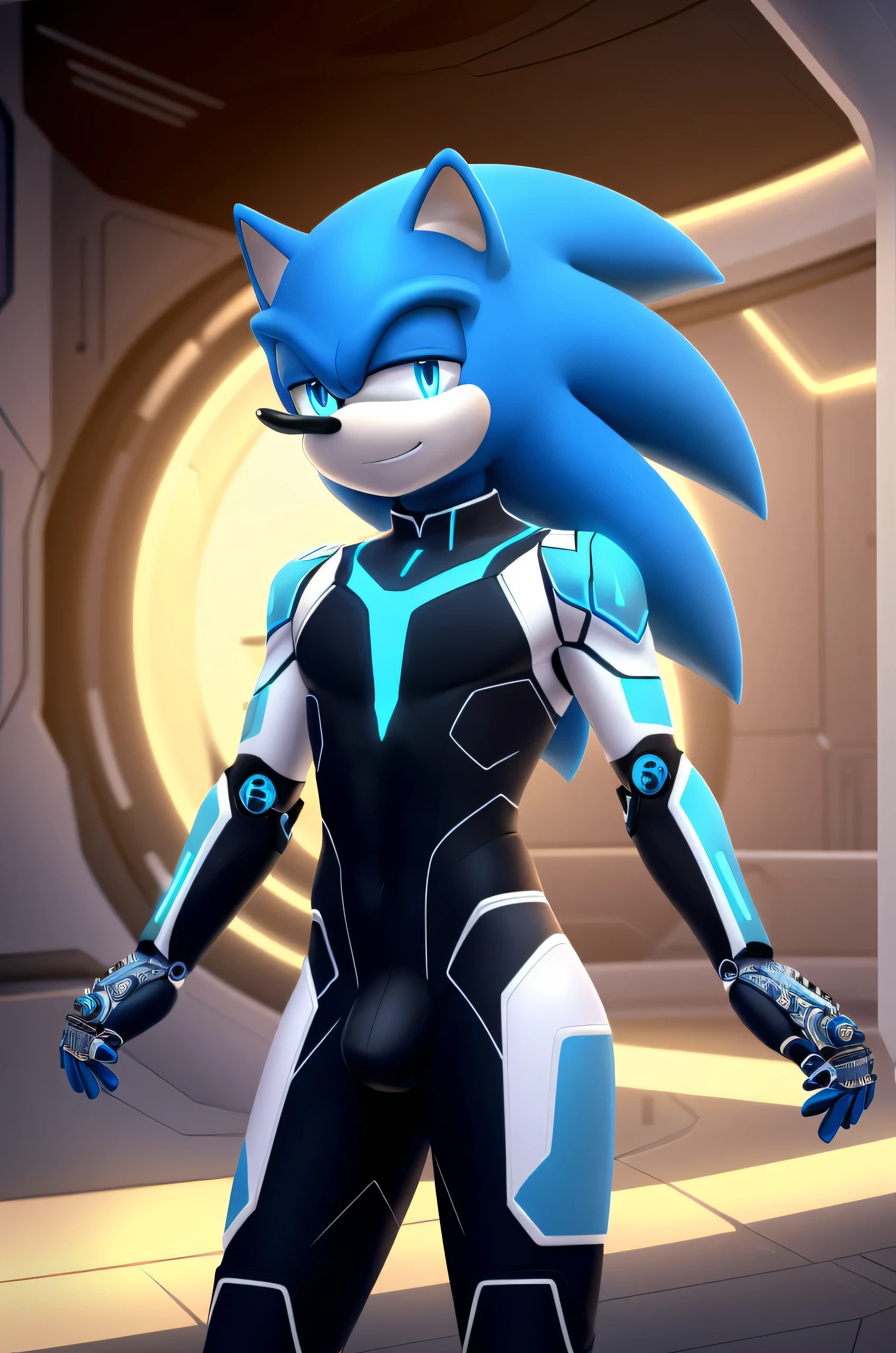 A solo male twink anthro android ((hedgehog)), with cyan fur, glowing blue eyes, white muzzle, wearing a sci-fi bodysuit stands in a futuristic landscape. The android's bodysuit has (((light blue, and white coloring))), medium bulge and intricate (((mechanical details))), creating a futuristic look. the android has a seductive smirk on his face