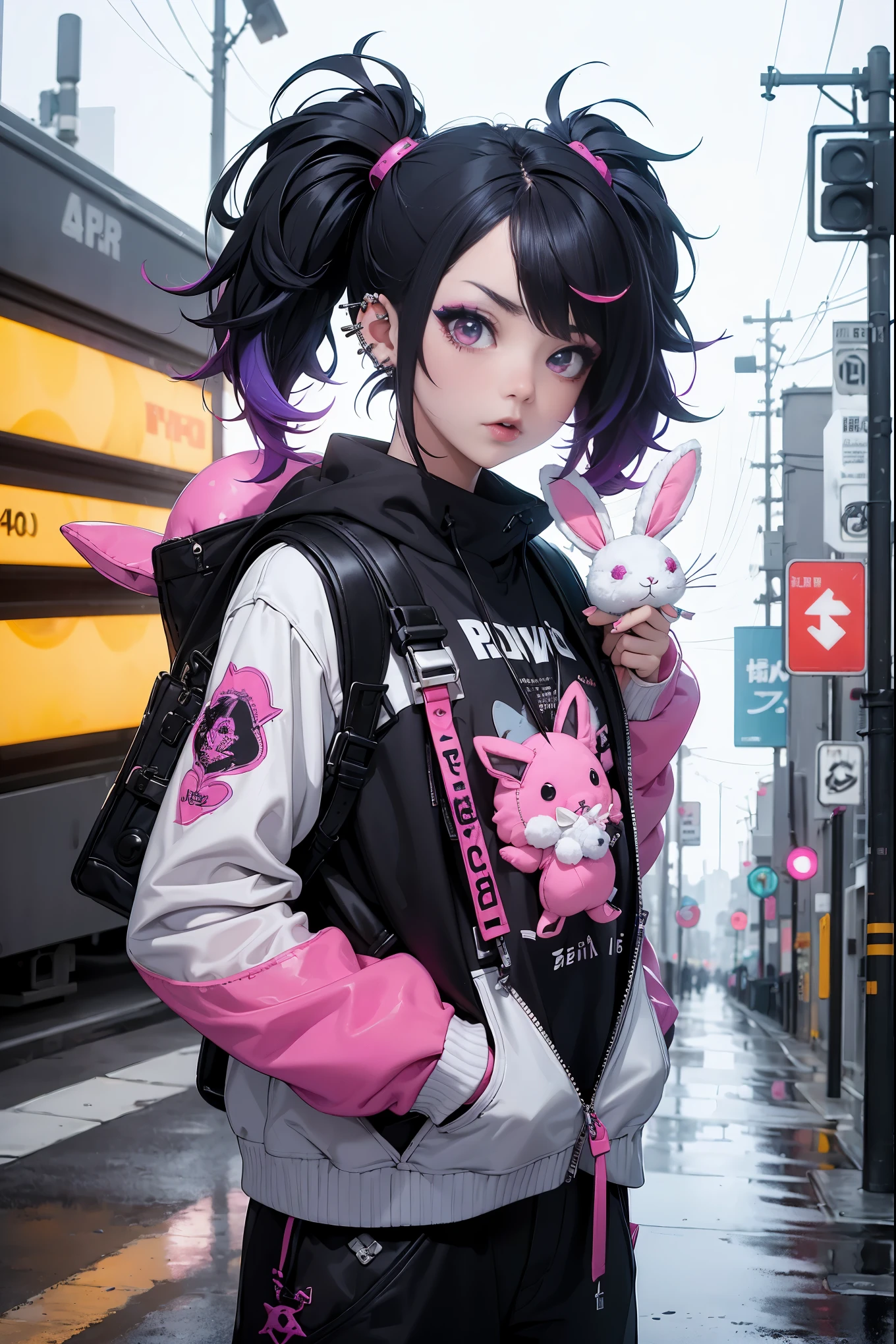 (highest quality、8k、32K、masterpiece、nffsw:1.3)、(Photoreal:1.4),(shoot from front,looking at viewer,1.5)、18-year-old punk girl,eccentric punk hair,(Multiple piercings on face1.5)、((Black and shocking red punk fashion 1.5)),clothes with studs、(1 holding a stuffed crazy bunny in his left hand.5)、black backpack on the back、(one with bright black and pink hair.5),Wacky makeup、、dark background、Desolate city in the rain、puddle on the road、(cinematic lighting)、Depth of the bounds written,blurred background、