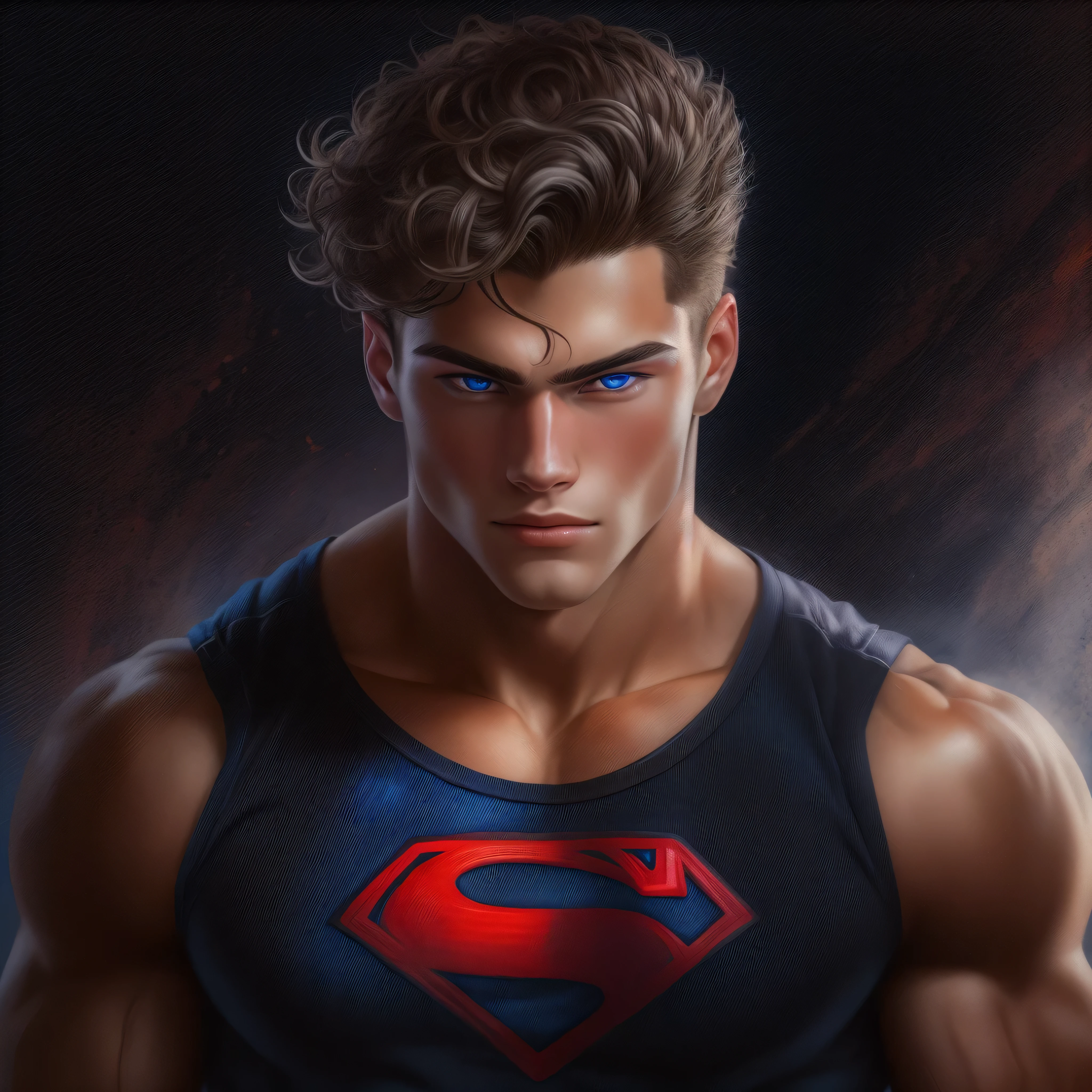 portrait of a handsome male model, 18 years old, black shirt with superman symbol on the front, jean pants, without beard, with wavy hair, blue eyes, defined muscles, fit, ripped body, medium shot, ultra highest detailed face, darmatic lighting, dim light