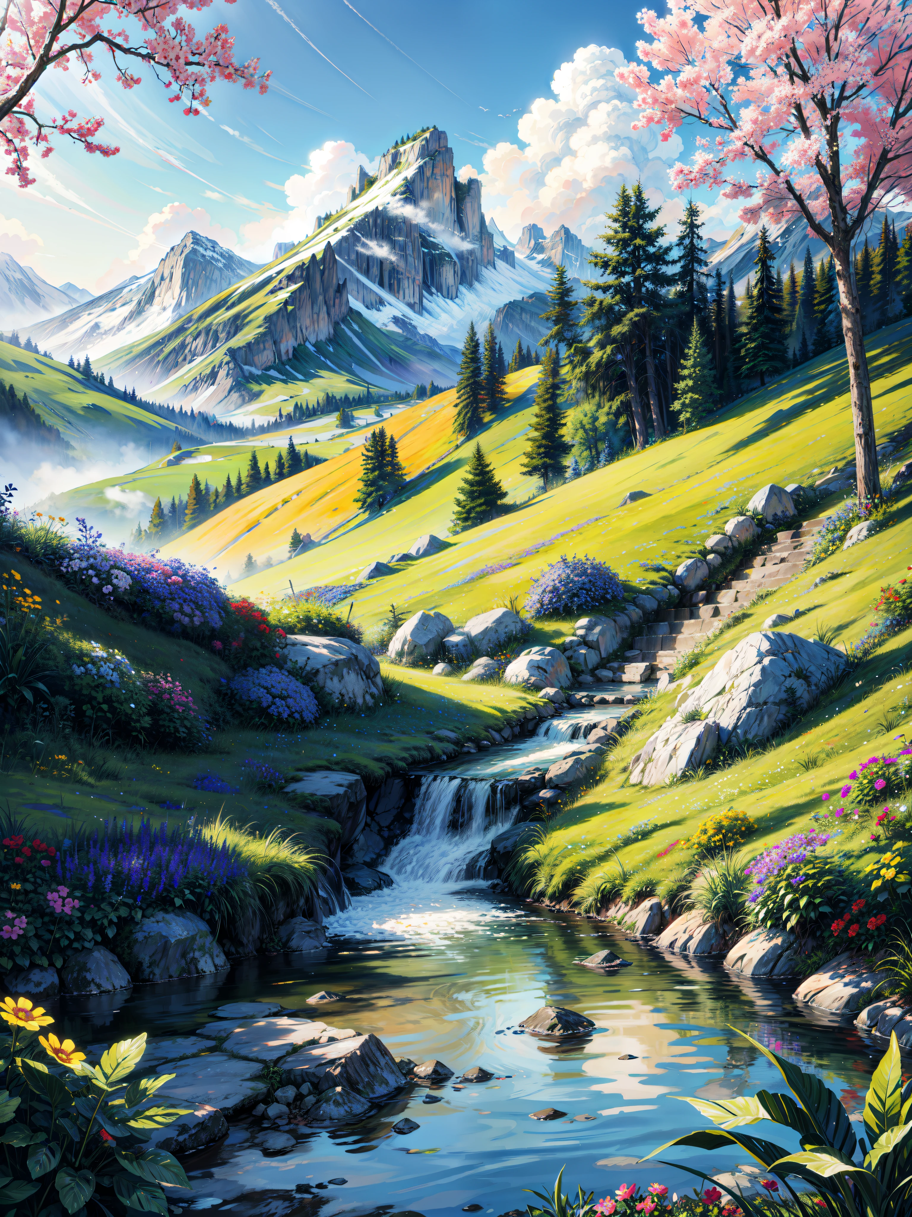 painting of a mountain garden paradise, beautiful scenery,bushes, ((colorful flowers:1.2)), sunlight over grass and flowers, dew, ((glistening look)), ((blue)) color stream water,waterwheel,dusk,waterfall,4k hd, cloud,beautiful art uhd 4 k, a beautiful artwork illustration, beautiful digital painting, highly detailed digital painting, beautiful digital artwork, detailed painting 4 k, very detailed digital painting, rich picturesque colors, gorgeous digital painting