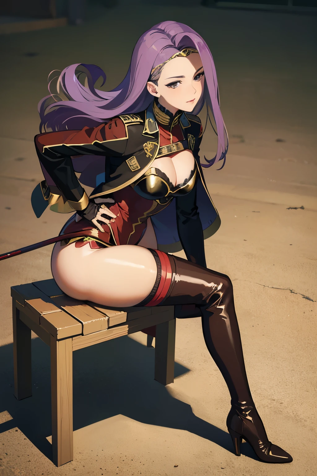 defsonya, purple hair, (((full body))), jodhpurs, riding pants, tight pants, (pants), beige pants riding coat, (((tailcoat))), red tailcoat, equestrian, equestrienne, ((riding crop)), (((brown leather thigh high boots))), (((brown leather thigh-high boots))), (((brown boots))), (((brown leather gloves))), ((opera gloves)), gloves, ((jockey)), heel being shown, using riding crop, ((stiletto heel)), pointy heel, ((sitting on saddle)), ((brown saddle)), ((riding saddle)), legs across saddle, sitting pretty,riding crop(5:1),sexy,anime(7:1),POV(3:1),1girl(5:1),busty,thin waist,high quality,best quality,racetrack,grassy field,race track,boot worship(3:1),horse race track,anime milf,mature anime woman,boot fetish(3:1),white pants,anime style,solo,anime face(3:1),looking at viewer,looking at camera,purple hair,femdom[2:1],fullbody(3:1),tan pants,pants,small nose,anime nose(3:1),no nose,full body view,beige pants,looking down at viewer(4:1),foreshortening,beige_pants,beige riding pants,riding_pants(4:1),looking down,pov eye contact,presenting boot,pointing sole of boot at camera,from below(3:1),viewed from below,anime style,anime(5:1),whip,fully clothed,wearing pants,cream pants,tights,leggings,white tights,cream tights,boot sole(3:1)