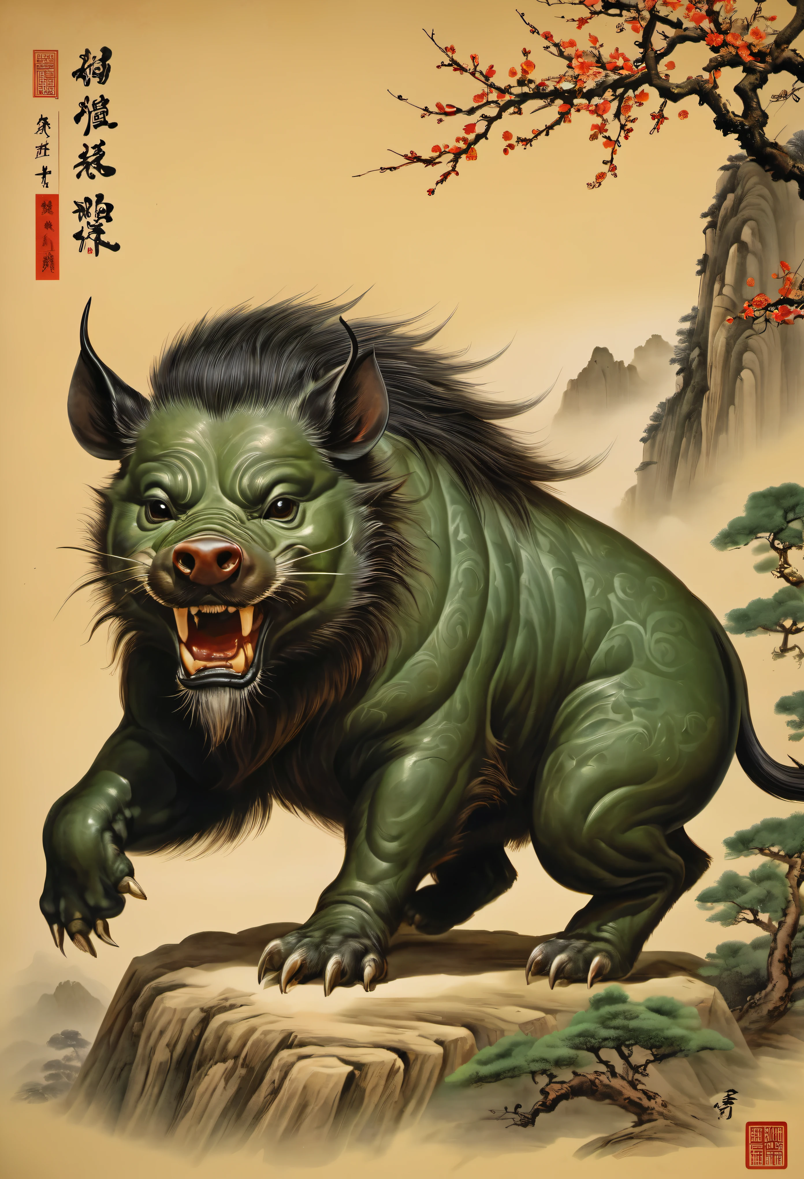 Name of mythical beast: Biological characteristics of Sophora japonica: Huaihuai is an animal that looks like a wild boar, covered with mane, Gray-brown. Its front legs are very powerful,And the hind legs are like those of a monkey. Its tail is long and thin, Connect to the body, Form flexible climbing tools.
source code: "In the Shan Hai Jing•Bei Shan Jing, It is said: Three hundred miles further north, there is a mountain,Named Daishan. There are many jade stones in this mountain,Greenery at the foot of the mountain. There is a beast there, Similar to Yu,There are patterns on the arms, Leopard body and animal feet, named Huaihuai, Cry in your own voice.'"
Cultural connotations: In traditional culture, Huaihuai is considered a mysterious and powerful beast. its image is used to symbolize, Puzzled, and destruction.
Image application: The image of Huaihuai appears in ancient bronzes, pottery, and jade art, Become a pattern with cultural symbolism.