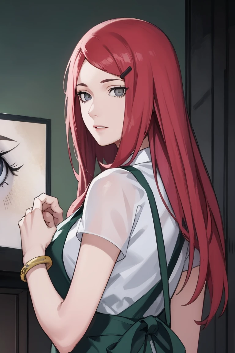 {-erro_de_anatomia:1.0} kushina, kushina, long hair, hair ornament, red hair, red head, hairclip, (grey eyes:1.5), BREAK shirt, dress, jewelry, white shirt, short sleeves, apron, bracelet, green apron, collar, BREAK looking at viewer, upper body, full body, cowboy shot, BREAK indoors, BREAK (masterpiece:1.2), best quality, high resolution, unity 8k wallpaper, (illustration:0.8), (beautiful detailed eyes:1.6), extremely detailed face, perfect lighting, extremely detailed CG, (perfect hands, perfect anatomy),backwards, looking back, with your husband, Minato.