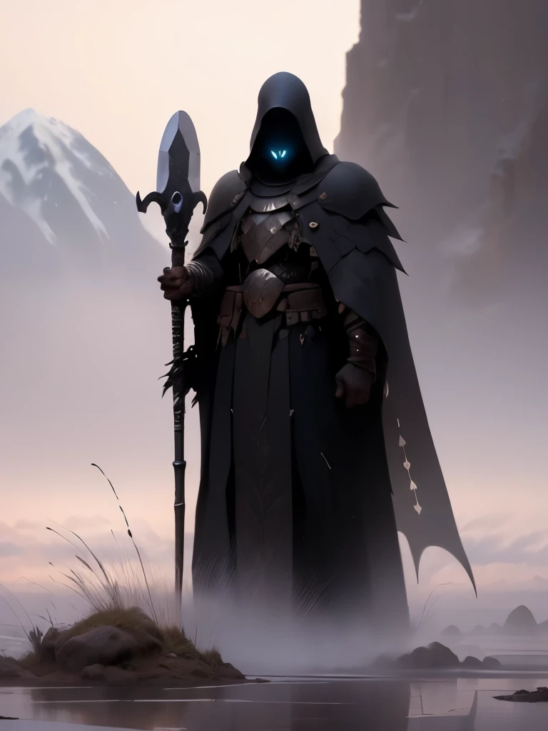 (best quality,4k,8k,highres,masterpiece:1.2),ultra-detailed,(realistic,photorealistic,photo-realistic:1.37),angel of death,one man, visible face, hooded cloaked figure, male viking warrior, death, dark chocolate face,giant wings,ominous atmosphere,dramatic lighting, dangerous, deadly, ethereal glow,dark fantasy,visceral emotions,cold mist,ancient ruins, visible face, mystical symbols,dramatic pose,mysterious background,ominous clouds,feathers floating in the air,haunting presence,ghostly aura,dark and eerie vibes,sinister energy,ominous shadows,deadly scythe,transcendent beauty,enchanted realm,supernatural powers,dark magic, dark chocolate face, goatee, immortality,soulful eyes,commanding presence,graceful and powerful,eternal protector,otherworldly being,symbol of transition,balance between life and death,vibrant and intense colors