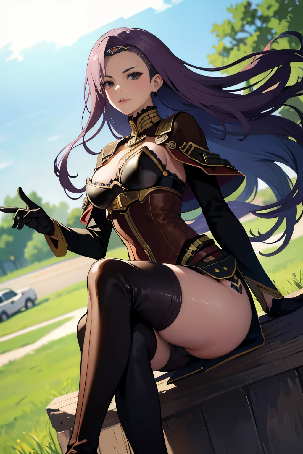 defsonya, purple hair, (((full body))), jodhpurs, riding pants, tight pants, (pants), beige pants riding coat, (((tailcoat))), red tailcoat, equestrian, equestrienne, ((riding crop)), (((brown leather thigh high boots))), (((brown leather thigh-high boots))), (((brown boots))), (((brown leather gloves))), ((opera gloves)), gloves, ((jockey)), heel being shown, using riding crop, ((stiletto heel)), pointy heel, ((sitting on saddle)), ((brown saddle)), ((riding saddle)), legs across saddle, sitting pretty,riding crop(5:1),sexy,anime(7:1),POV(3:1),1girl(5:1),busty,thin waist,high quality,best quality,racetrack,grassy field,race track,boot worship(3:1),horse race track,anime milf,mature anime woman,boot fetish(3:1),white pants,anime style,solo,anime face(3:1),looking at viewer,looking at camera,purple hair,femdom[2:1],fullbody(3:1),tan pants,pants,small nose,anime nose(3:1),no nose,full body view,beige pants,looking down at viewer(4:1),foreshortening,beige_pants,beige riding pants,riding_pants(4:1),looking down,pov eye contact,presenting boot,pointing sole of boot at camera,from below(3:1),viewed from below,anime style,anime(5:1),whip,fully clothed,wearing pants,cream pants,tights,leggings,white tights,cream tights,boot sole