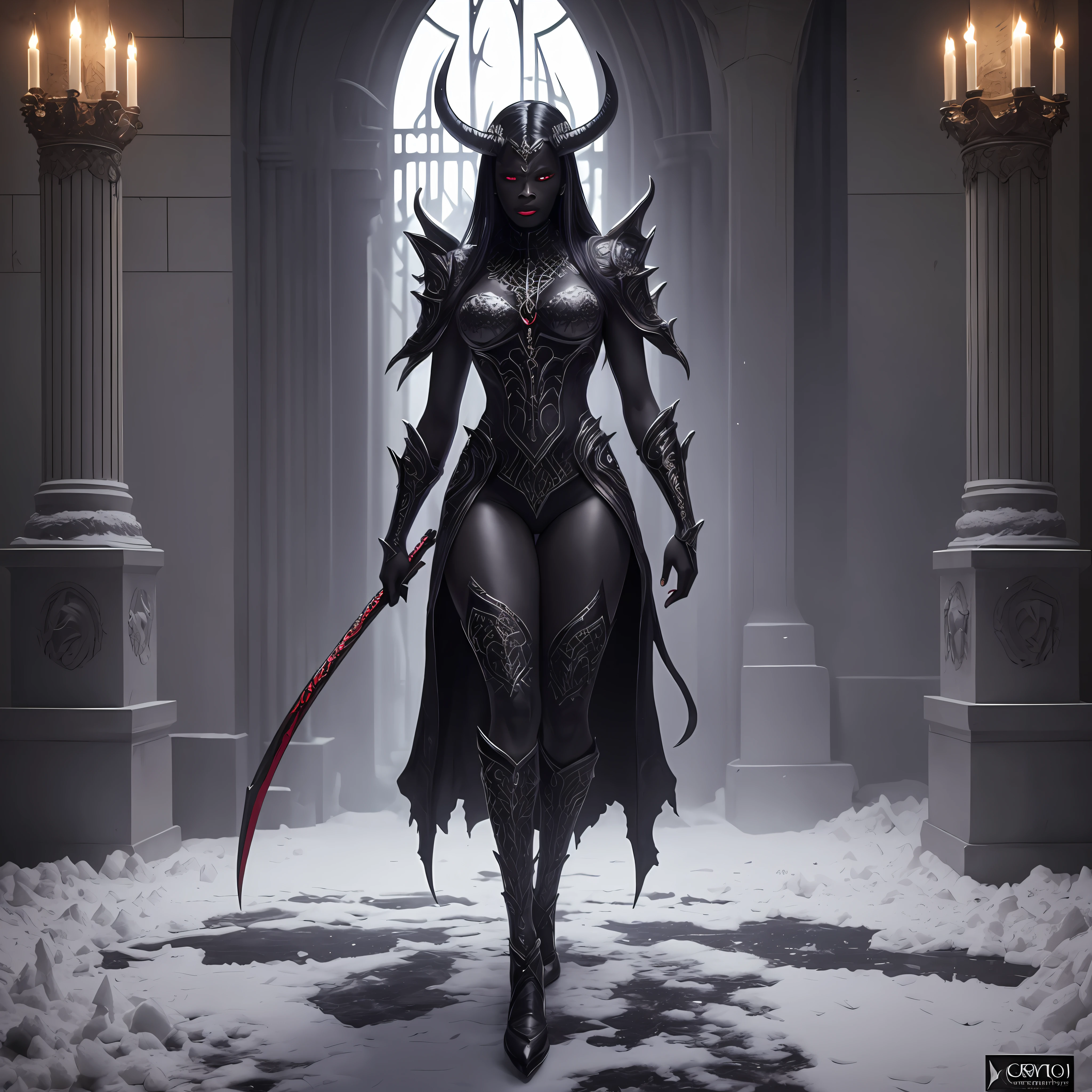 create a demon, full body character design, rudi giger, full body shot, yoruba, dark fantasy, hyperrealistic, snow sculpture, cinematic lighting, lucifer, afrocentric interior design, macabre outfit, ☦️, hell, devil, black woman, crone --auto --s2