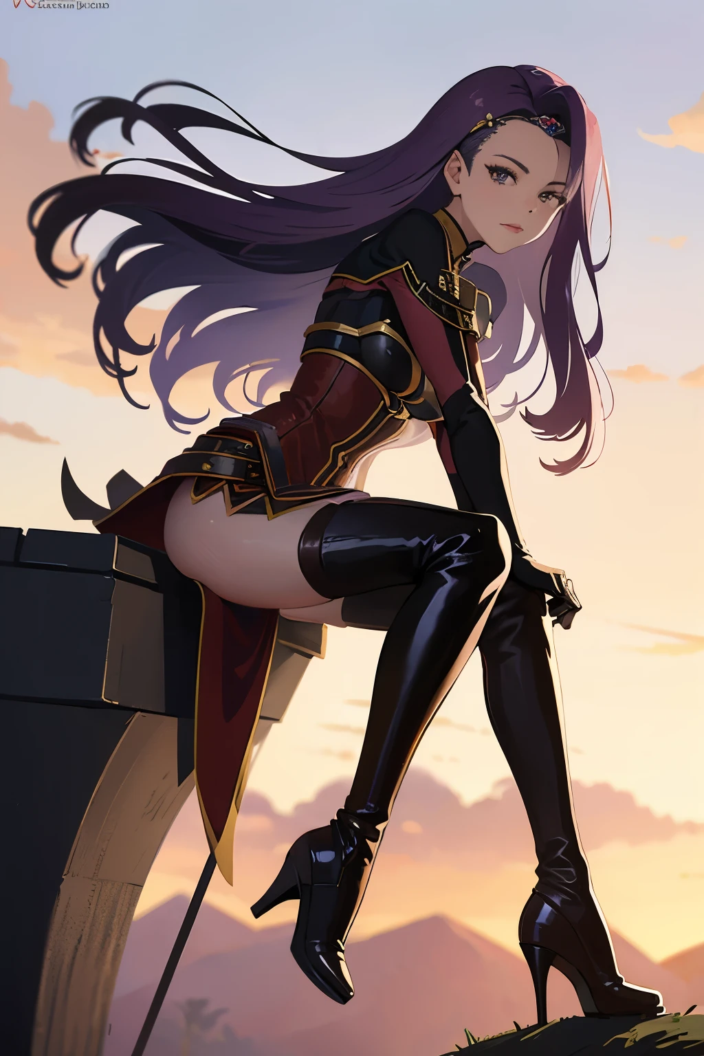 defsonya, purple hair, (((full body))), jodhpurs, riding pants, tight pants, (pants), beige pants riding coat, (((tailcoat))), red tailcoat, equestrian, equestrienne, ((riding crop)), (((brown leather thigh high boots))), (((brown leather thigh-high boots))), (((brown boots))), (((brown leather gloves))), ((opera gloves)), gloves, ((jockey)), heel being shown, using riding crop, ((stiletto heel)), pointy heel, ((sitting on saddle)), ((brown saddle)), ((riding saddle)), legs across saddle, sitting pretty,riding crop(5:1),sexy,anime(7:1),POV(3:1),1girl(5:1),busty,thin waist,high quality,best quality,racetrack,grassy field,race track,boot worship(3:1),horse race track,anime milf,mature anime woman,boot fetish(3:1),white pants,anime style,solo,anime face(3:1),looking at viewer,looking at camera,purple hair,femdom[2:1],fullbody(3:1),tan pants,pants,small nose,anime nose(3:1),no nose,full body view,beige pants,looking down at viewer(4:1),foreshortening,beige_pants,beige riding pants,riding_pants(4:1),looking down,pov eye contact,presenting boot,pointing sole of boot at camera,from below(3:1),viewed from below,anime style,anime(5:1),whip,fully clothed,wearing pants,cream pants,tights,leggings,white tights,cream tights,boot sole