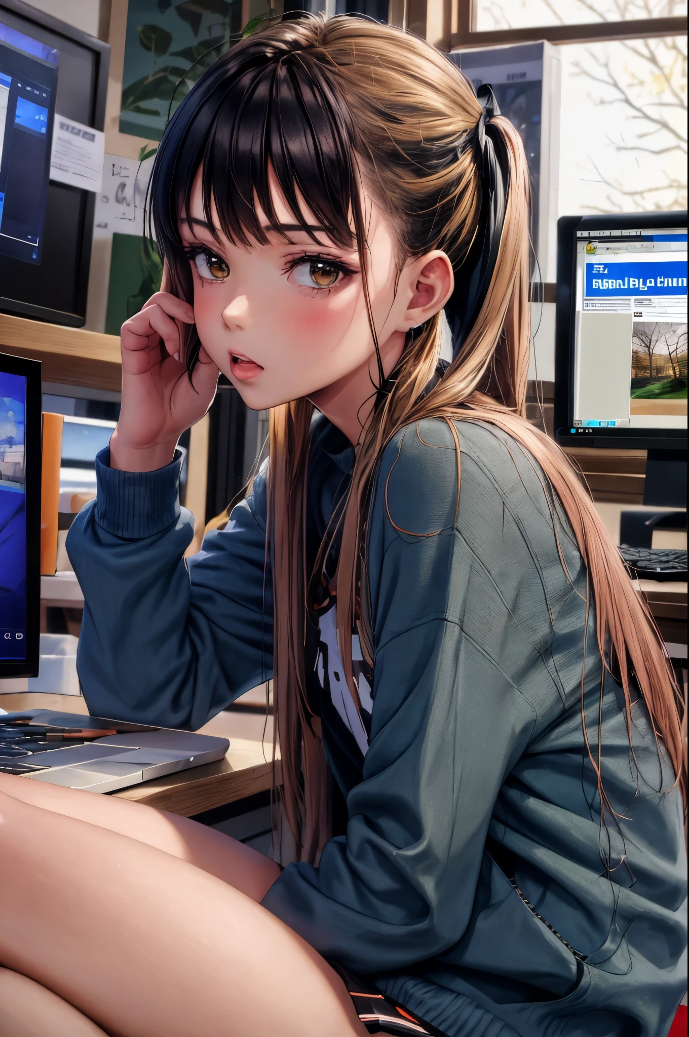 A girl with orange and black hairwhit two ponytails, looking at the computer monitor.