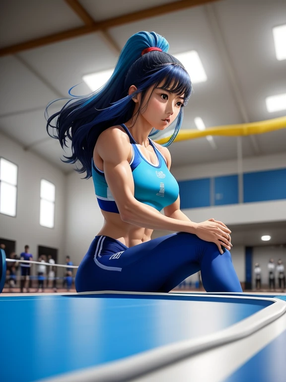 female artistic gymnastics, different from South America, cabelos longos e soltos com cores variadas, corpo definido, seios moderados, usando colante provocante (nas cores azul, branco ou preto), imagem de melhor qualidade, 4K television broadcast style, realista, sports gym full of spectators. Imagem realista e muito bem detalhada.