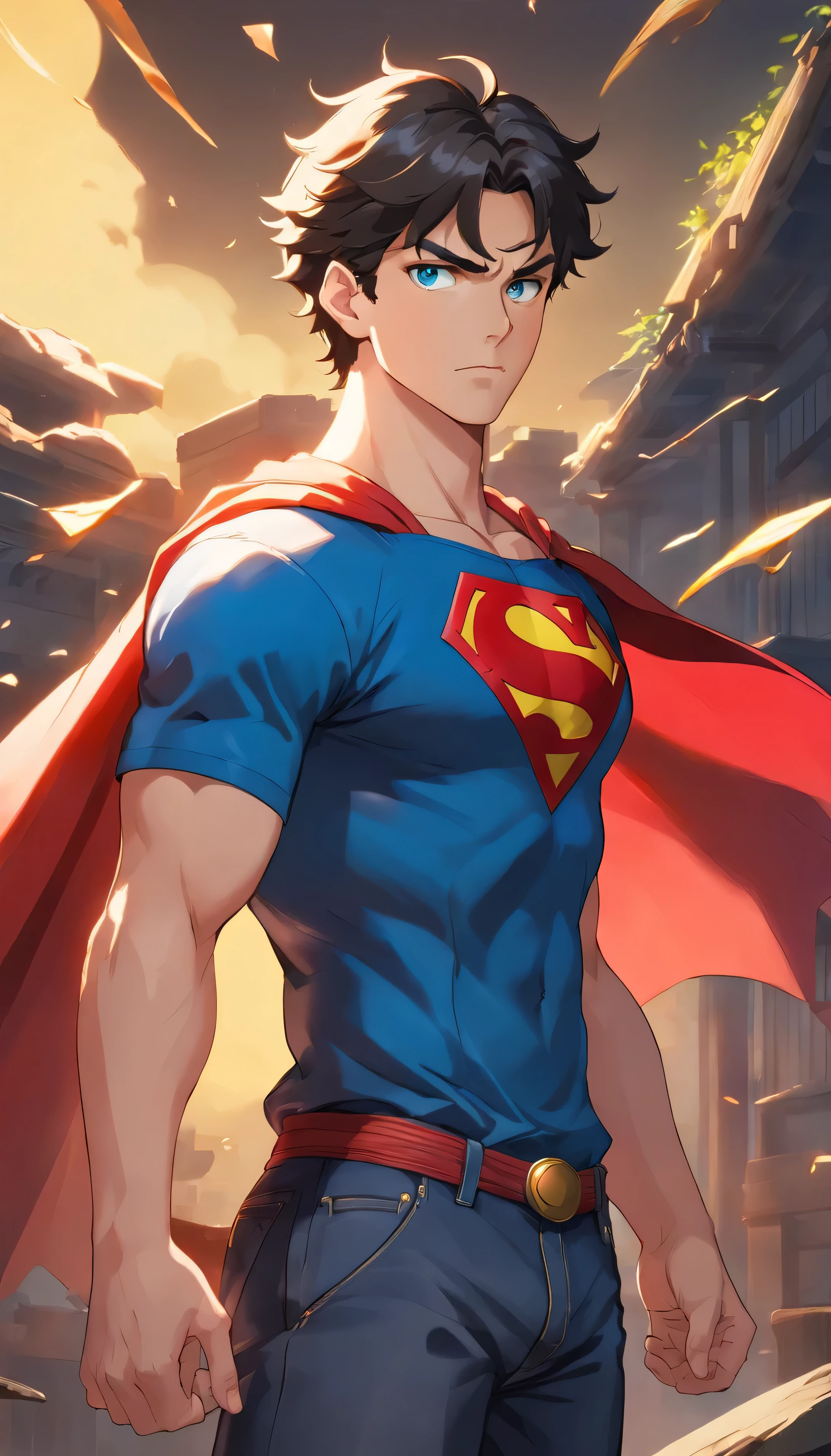 full body image, of a handsome male model, 18 years old, black shirt with superman symbol on the front, jean pants, without beard, with wavy hair, blue eyes, defined muscles, fit, ripped body, medium shot, ultra highest detailed face, darmatic lighting, dim light