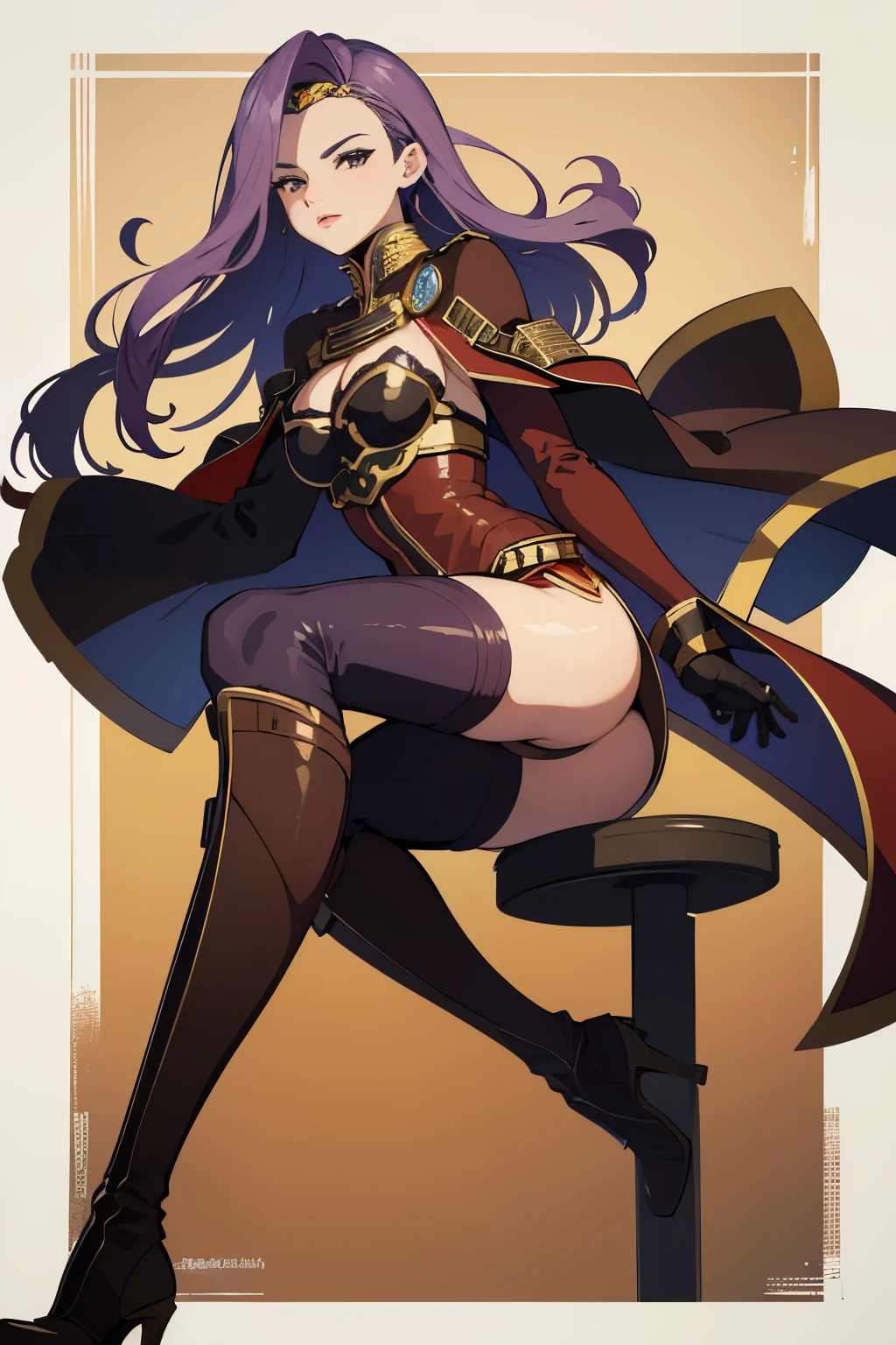 defsonya, purple hair, (((full body))), jodhpurs, riding pants, tight pants, (pants), beige pants riding coat, (((tailcoat))), red tailcoat, equestrian, equestrienne, ((riding crop)), (((brown leather thigh high boots))), (((brown leather thigh-high boots))), (((brown boots))), (((brown leather gloves))), ((opera gloves)), gloves, ((jockey)), heel being shown, using riding crop, ((stiletto heel)), pointy heel, ((sitting on saddle)), ((brown saddle)), ((riding saddle)), legs across saddle, sitting pretty,riding crop(5:1),sexy,anime(7:1),POV(3:1),1girl(5:1),busty,thin waist,high quality,best quality,racetrack,grassy field,race track,boot worship(3:1),horse race track,anime milf,mature anime woman,boot fetish(3:1),white pants,anime style,solo,anime face(3:1),looking at viewer,looking at camera,purple hair,femdom[2:1],fullbody(3:1),tan pants,pants,small nose,anime nose(3:1),no nose,full body view,beige pants,looking down at viewer(4:1),foreshortening,beige_pants,beige riding pants,white riding pants,looking down,pov eye contact,presenting boot,pointing sole of boot at camera,from below(3:1),viewed from below,anime style,anime(5:1),whip,fully clothed,wearing pants,cream pants,tights,leggings,white tights,cream tights