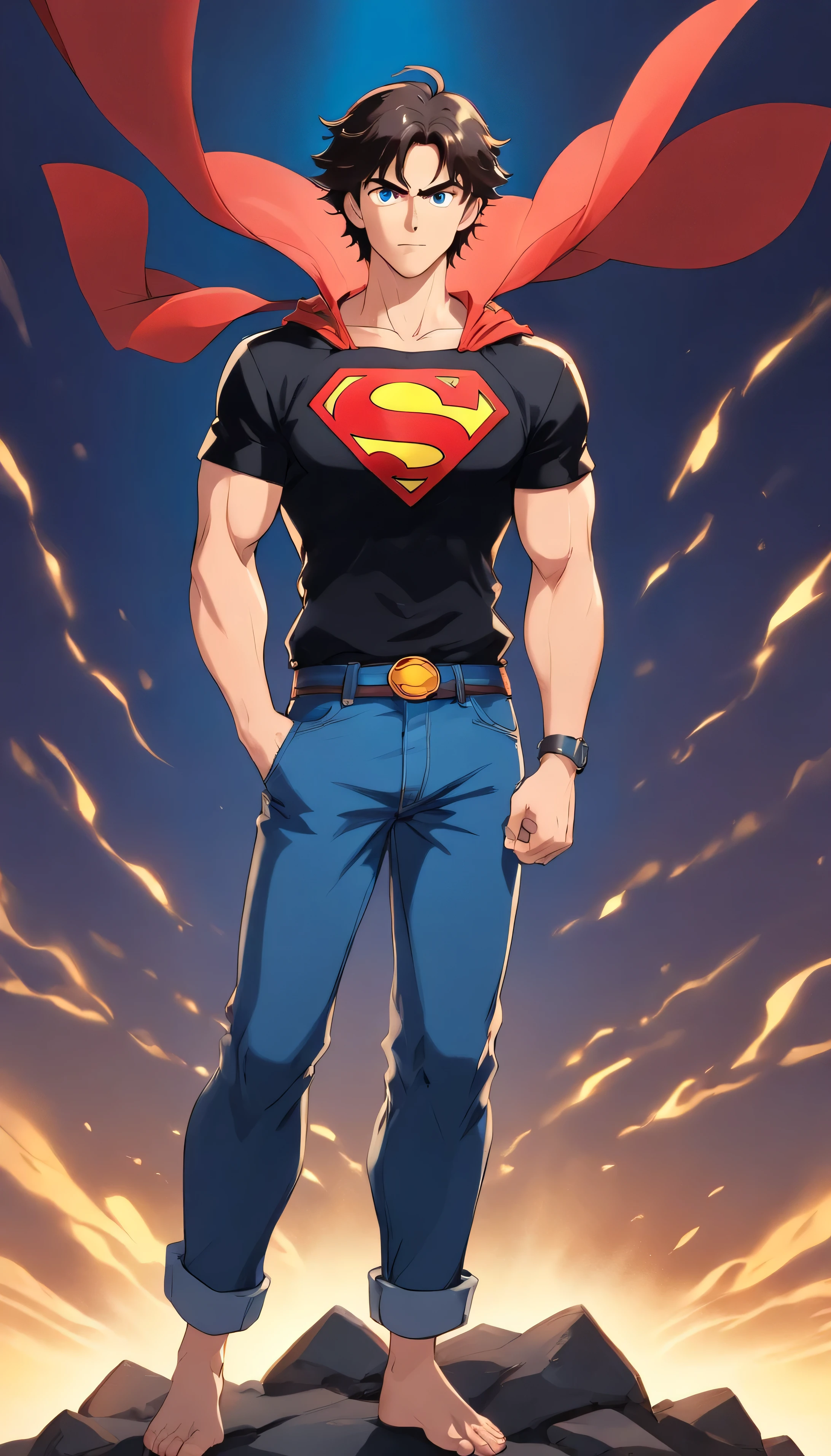 full body image, of a handsome male model, 18 years old, black shirt with superman symbol on the front, jean pants, without beard, with wavy hair, blue eyes, defined muscles, fit, ripped body, medium shot, ultra highest detailed face, darmatic lighting, dim light