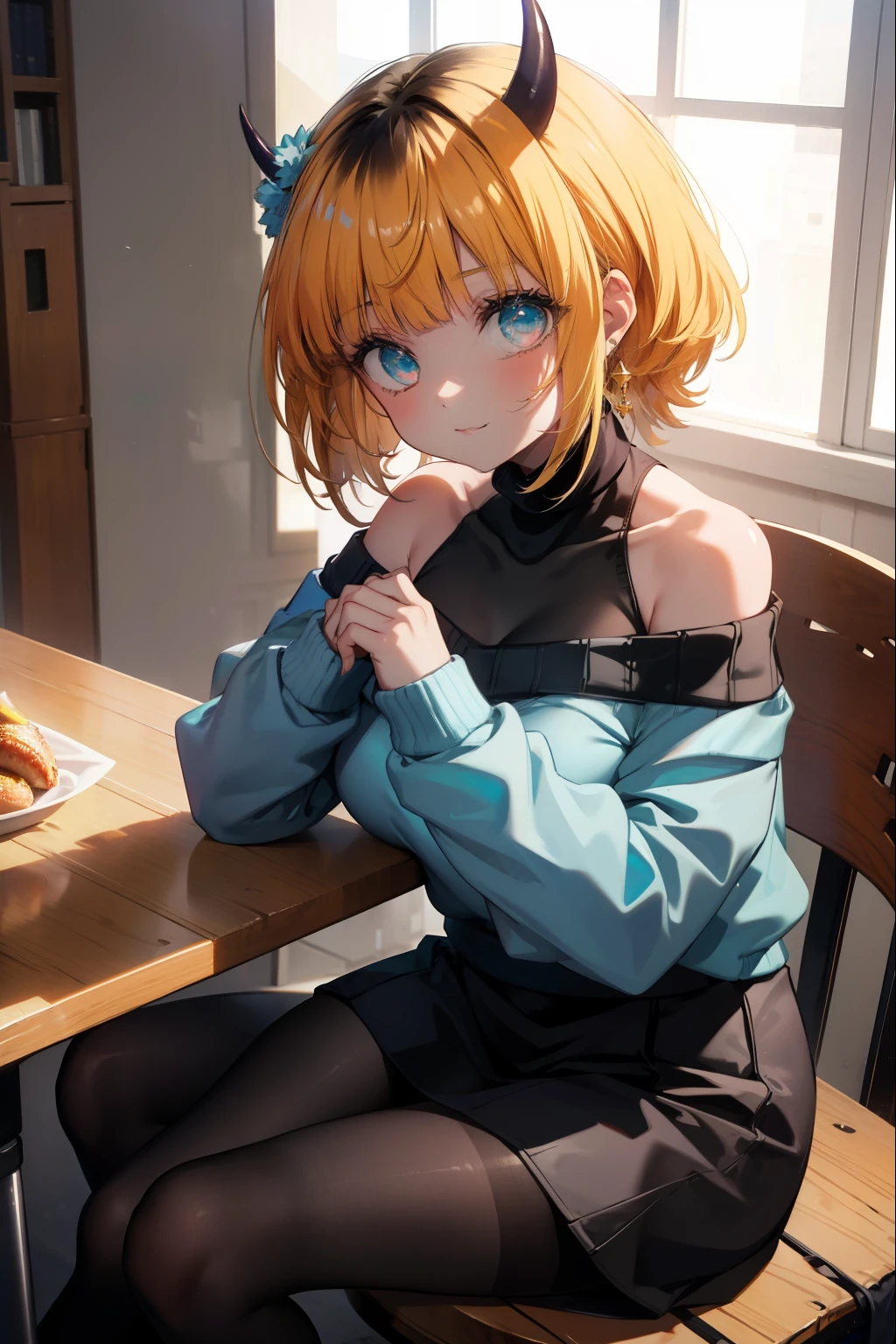 memocho, memocho, blonde hair, blue eyes, dull bangs, demon horn, fake horn, horn, long hair,smile,
break bare shoulders, black skirt, (blue sweater:1.5), long sleeve, off shoulder, off-shoulder sweater, plump sleeves, skirt, sweater, white ribbon,black pantyhose,short boots,food is placed on the table,sitting cross-legged on a chair,
break looking at viewer,
break indoors,canteen,
break (masterpiece:1.2), highest quality, High resolution, unity 8k wallpaper, (figure:0.8), (detailed and beautiful eyes:1.6), highly detailed face, perfect lighting, Very detailed CG, (perfect hands, perfect anatomy),