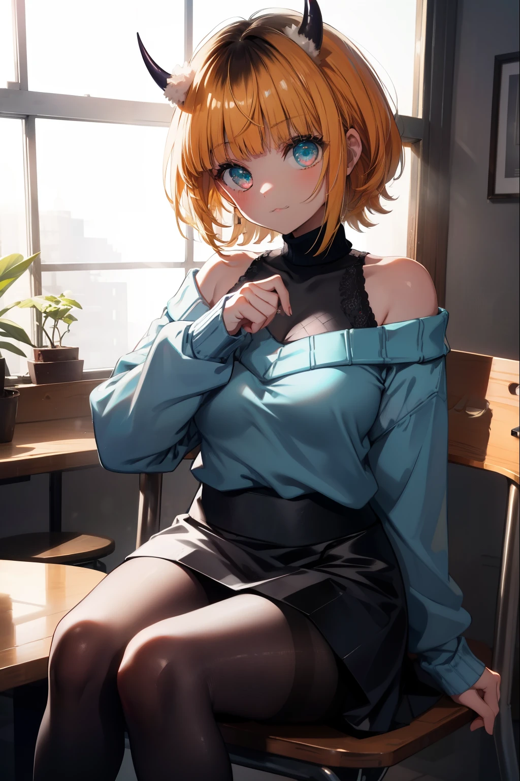 memocho, memocho, blonde hair, blue eyes, dull bangs, demon horn, fake horn, horn, long hair,smile,
break bare shoulders, black skirt, (blue sweater:1.5), long sleeve, off shoulder, off-shoulder sweater, plump sleeves, skirt, sweater, white ribbon,black pantyhose,short boots,food is placed on the table,sitting cross-legged on a chair,
break looking at viewer,
break indoors,canteen,
break (masterpiece:1.2), highest quality, High resolution, unity 8k wallpaper, (figure:0.8), (detailed and beautiful eyes:1.6), highly detailed face, perfect lighting, Very detailed CG, (perfect hands, perfect anatomy),