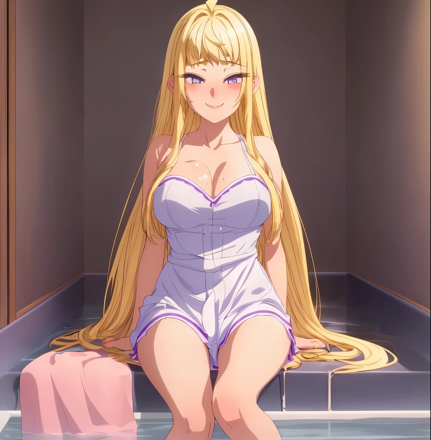 1 girl, alone, Minami fuyuki, ahoge, alone, blonde hair, smile, partially nude, pink apron, bare back, cleavage, bare legs, home, kitchen, standing, dynamic pose, hands on hips dynamic angle, large breasts, medium waist, wide hips, wide thighs, (high resolution: 1.2), (ultra detailed: 1.2), [high dynamic range lighting], (masterpiece: 1.3), (best quality), high quality, intricate details, (extremely detailed CG unity 8k wallpaper: 1.2), best shadow, (extremely detailed fine touch: 1.2), (high resolution), (8K), (extremely detailed), 1girl,solo,looking at viewer, looking back, from behind, focus on ass, pov (from below, (pixiv), perfect face, pretty eyes and face, (super detailed), detailed face and eyes, textured skin, absurdities, high resolution, deep skin, skindentation, excellent hands, excellent anatomy