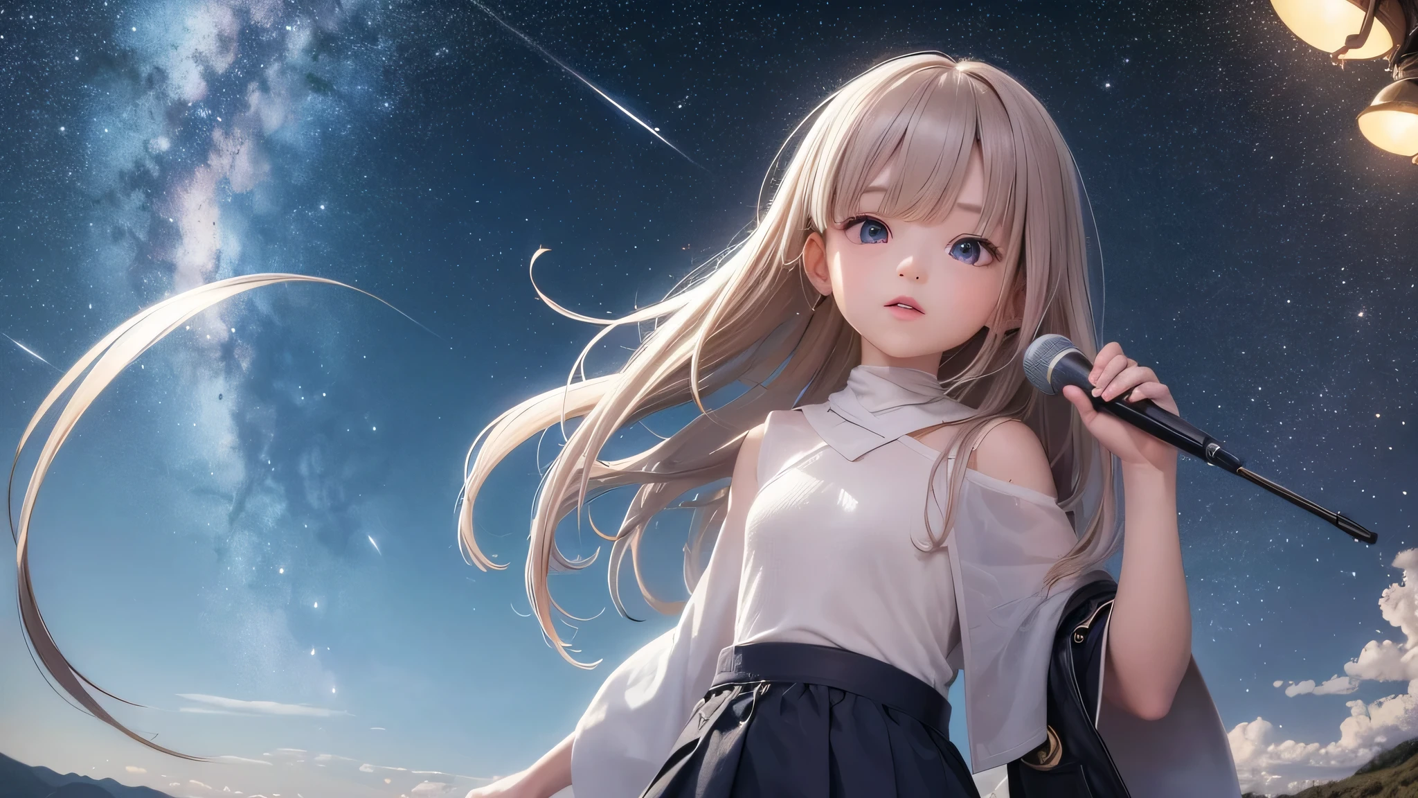 (best quality,4k,8k,highres,masterpiece:1.2),ultra-detailed,tabletop:1.6,figure,extremely detailed,details,best quality,8k wallpaper,movie lighting,15-year-old Japanese junior high school student, long hair,singing in white underwear,serious gaze,under the starry sky,singing on a small hill,fantastic scenery,slender body,youthful face,flat-chested,a beam of light shining down from the starry sky.
