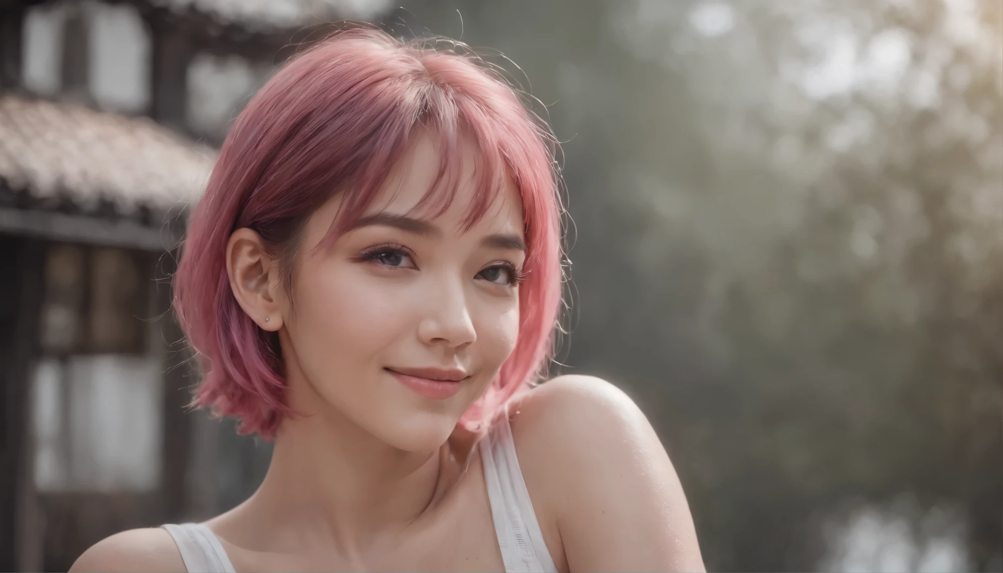 
(masterpiece), perfect anatomy, intricate, (highly detailed), masterpiece, photorealistic, perfect anatomy, cinematic lighting, shading, super detailed skin, beautiful detailed eyes, best quality, ultra-detailed, (illustration), ultra-detailed, looking at viewer, (extremely delicate eyes:1.3), backless top, gym shorts, (extremely detailed backless top), (extremely detailed gym shorts), (arm tattoos:1.1), armlets, (pink hair:1.3), (short hair), (bangs hair), (spa background), happy theme, indie aesthetic, smile, dynamic pose, vibrant colour, shadow, contrast, refraction, perspective, depth, good anatomy, stunning details