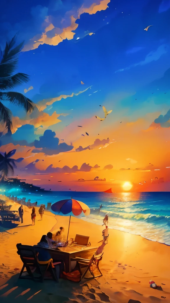 (Best quality: 1.2), 4K, 8K, highreasterpiece: 1.2) image:
Imagine a vibrant and lively beach party scene, radiating with a (ultra-detailed) level of realism. The sun is setting, casting warm lighting across the (sandy beach) as palm trees sway in the gentle ocean breeze. People are enjoying themselves, dancing, swimming, and gathering around a bonfire on the shore. The (lively atmosphere) is filled with the sounds of laughter and joy, and the aroma of BBQ grilling wafts through the tropical air.

The ocean waves crash against the shore with a soothing rhythm