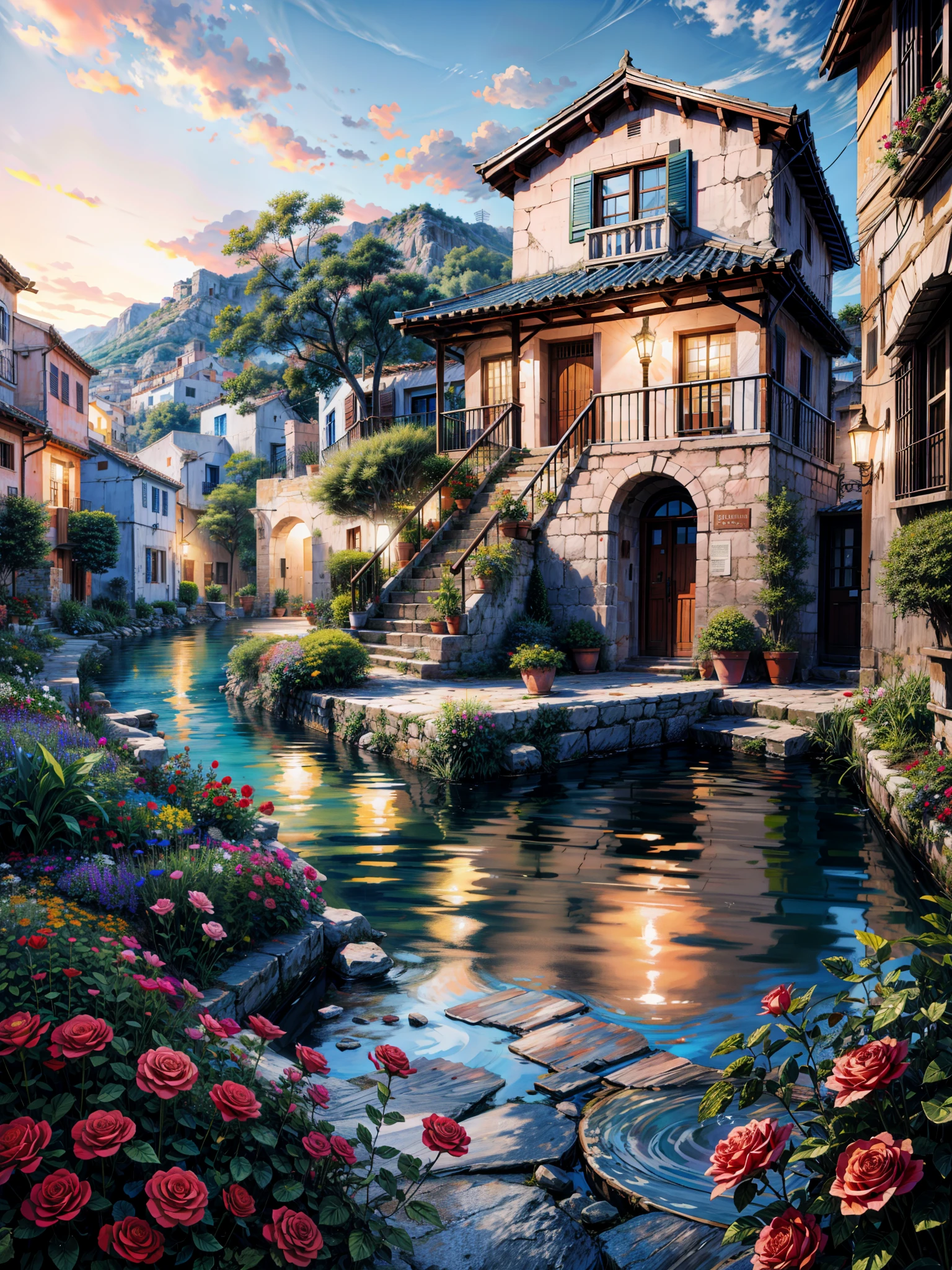 painting of a beautiful house front decorate with many roses,pink and half glass door, stone pathway,small stairs to the door, hanging door lamps, sunkissed image,flowers, beautiful art uhd 4 k, a beautiful artwork illustration, beautiful digital painting, highly detailed digital painting, beautiful digital artwork, a bustling magical town, mediterranean fisher village, mediterranean city, detailed painting 4 k, ancient mediterranean village, very detailed digital painting, rich picturesque colors, gorgeous digital painting