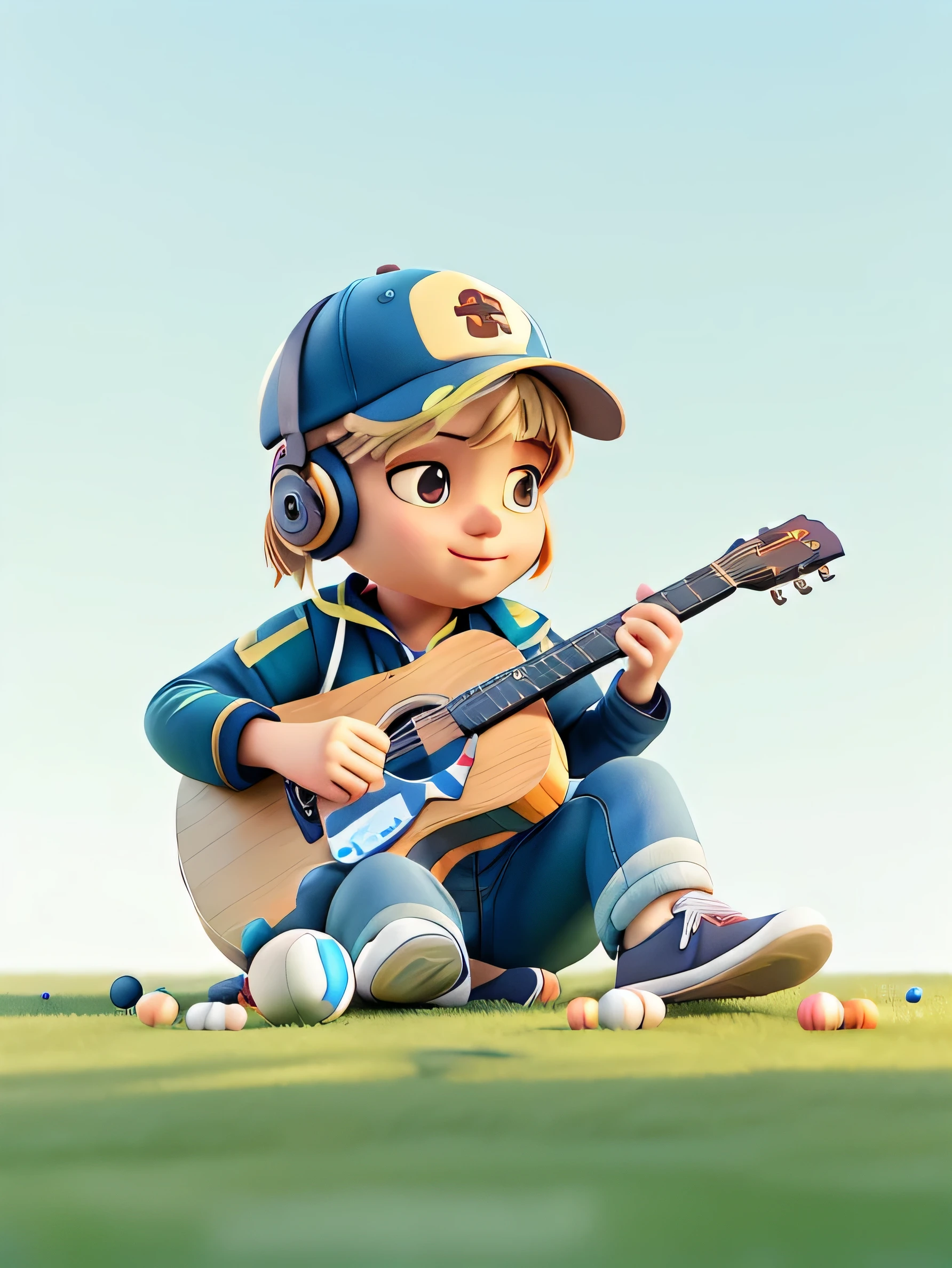 Playing guitar on the grass,earphone,baseball cap