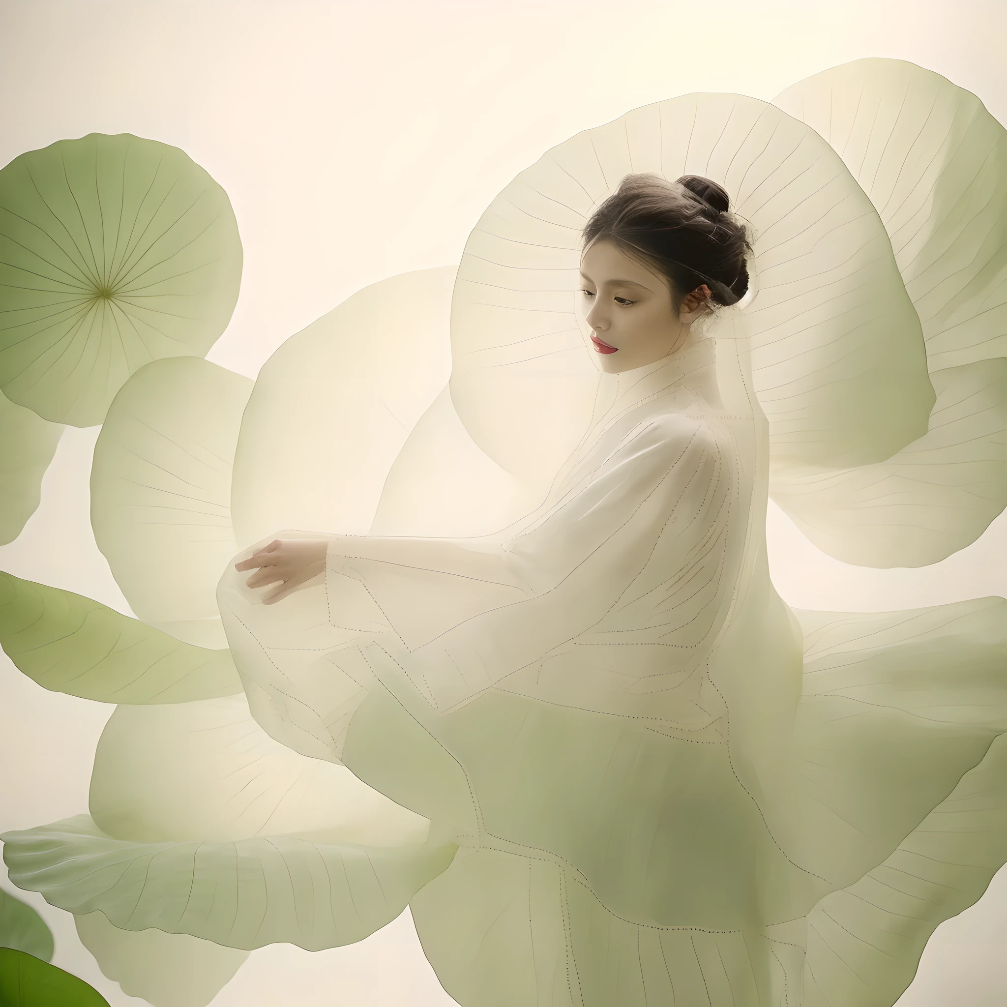 girl，alone，giant lotus leaf，black hair，skirt，look down，
white skirt，OK，Permanently installed，单OK，Leaves，long sleeves，red lips，actual