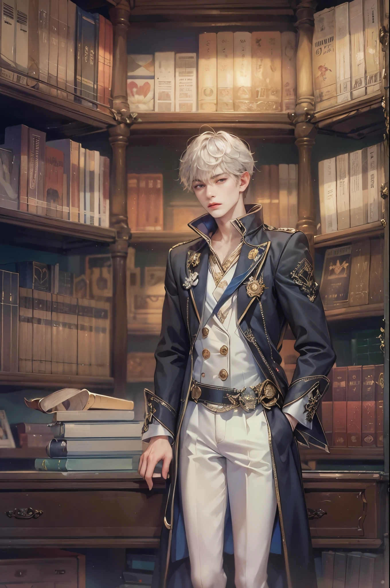 ((Best quality)), ((masterpiece)), (detailed), ((perfect face)), ((halfbody)) handsome face, male, boy, perfect proportions , a character from anime ashita no nadja, phantom thief outfit, detailed library interior scenery background
