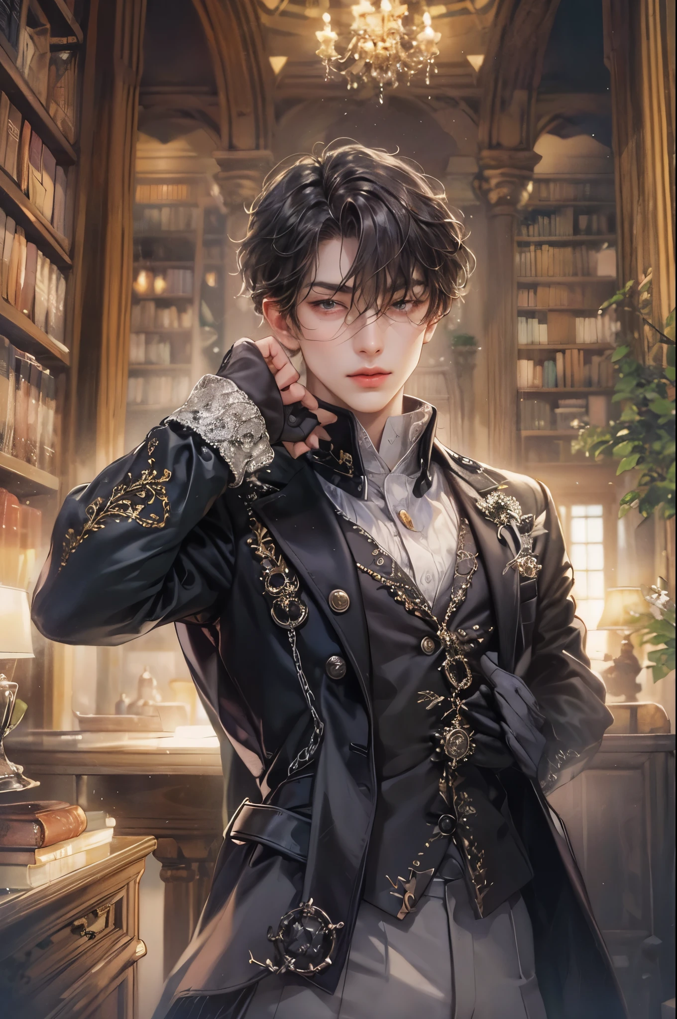 ((Best quality)), ((masterpiece)), (detailed), ((perfect face)), ((halfbody)) handsome face, male, teen boy,  perfect proportions , a character from anime ashita no nadja, phantom thief outfit, detailed library interior scenery background 