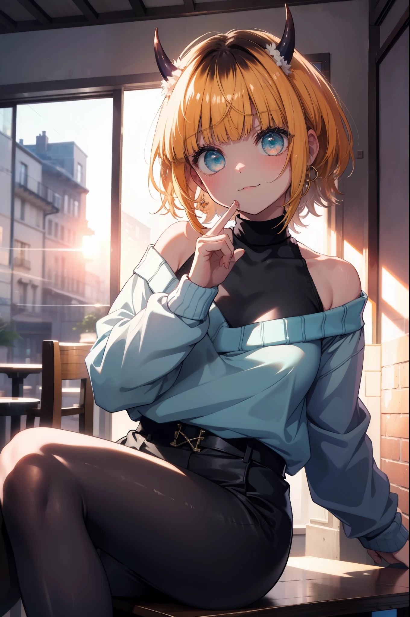 memocho, memocho, blonde hair, blue eyes, dull bangs, demon horn, fake horn, horn, long hair,smile,
break bare shoulders, black skirt, (blue sweater:1.5), long sleeve, off shoulder, off-shoulder sweater,naked neck,naked neck,bare clavicle, plump sleeves, skirt, sweater, white ribbon,black pantyhose,short boots,food is placed on the table,sitting cross-legged on a chair,
break looking at viewer,
break indoors,canteen,
break (masterpiece:1.2), highest quality, High resolution, unity 8k wallpaper, (figure:0.8), (detailed and beautiful eyes:1.6), highly detailed face, perfect lighting, Very detailed CG, (perfect hands, perfect ???????),
