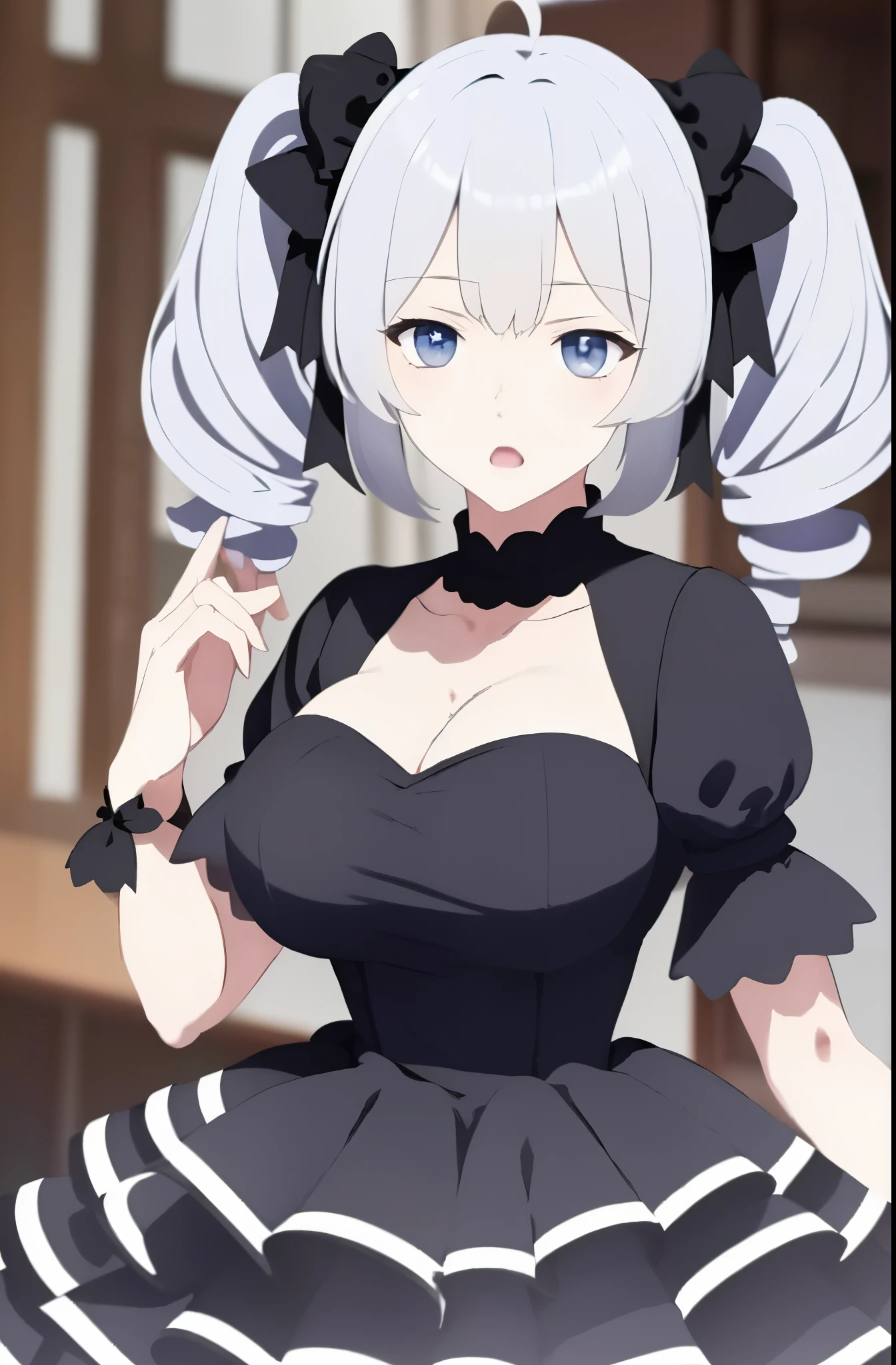 nipples,  1girl, solo, looking at viewer, detailed eyes, angry, bangs, blue eyes, breasts, dress, bow, twintails, white hair, short sleeves, hair bow, puffy sleeves, black dress, black bow, drill hair, twin drills, cleavage, upperbody