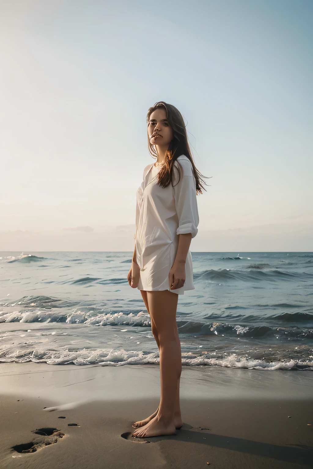 sea, beautiful, realistic, portrait of standing person, full person, standing straight, person standing upright, seaside