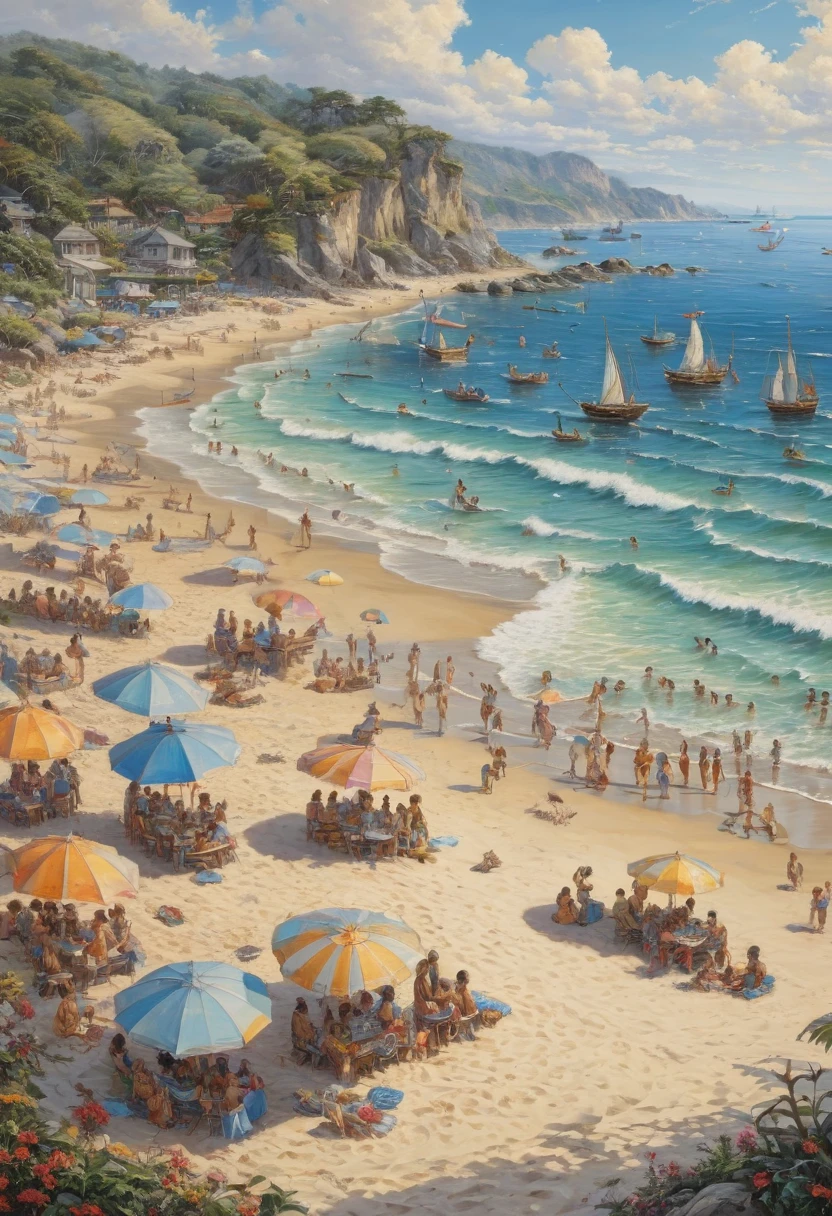 beach gathering by JB, best quality, masterpiece, Representative work, official art, Professional, Ultra intricate detailed, 8k