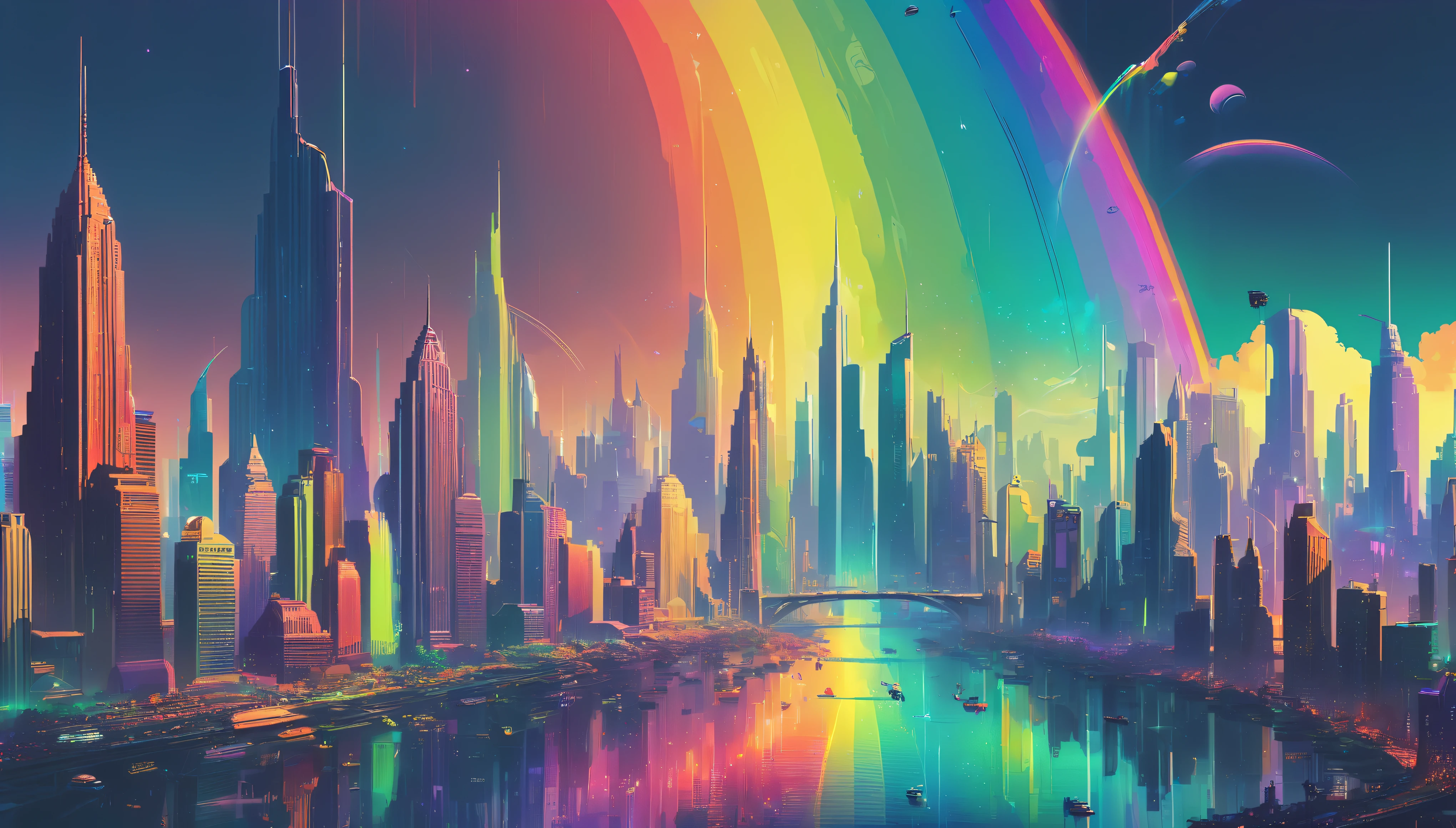 a colorful city skyline with a rainbow in the background, colorful city, an alien cityscape, alien cityscape, colorful dystopian futurism, kilian eng vibrant colours, colorful concept art, futuristic city backdrop, kilian eng vibrant colors, inspired by James Gilleard, james gilleard artwork, futuristic but colorful shading, futuristic city scape, futuristic cityscape, jen bartel