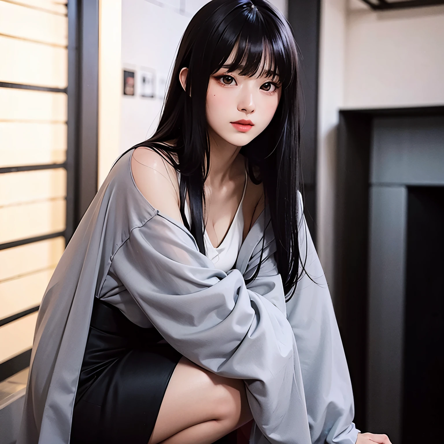 long black hair,Qi bangs,Gray chiffon dress,Light coat,cold expression,spring