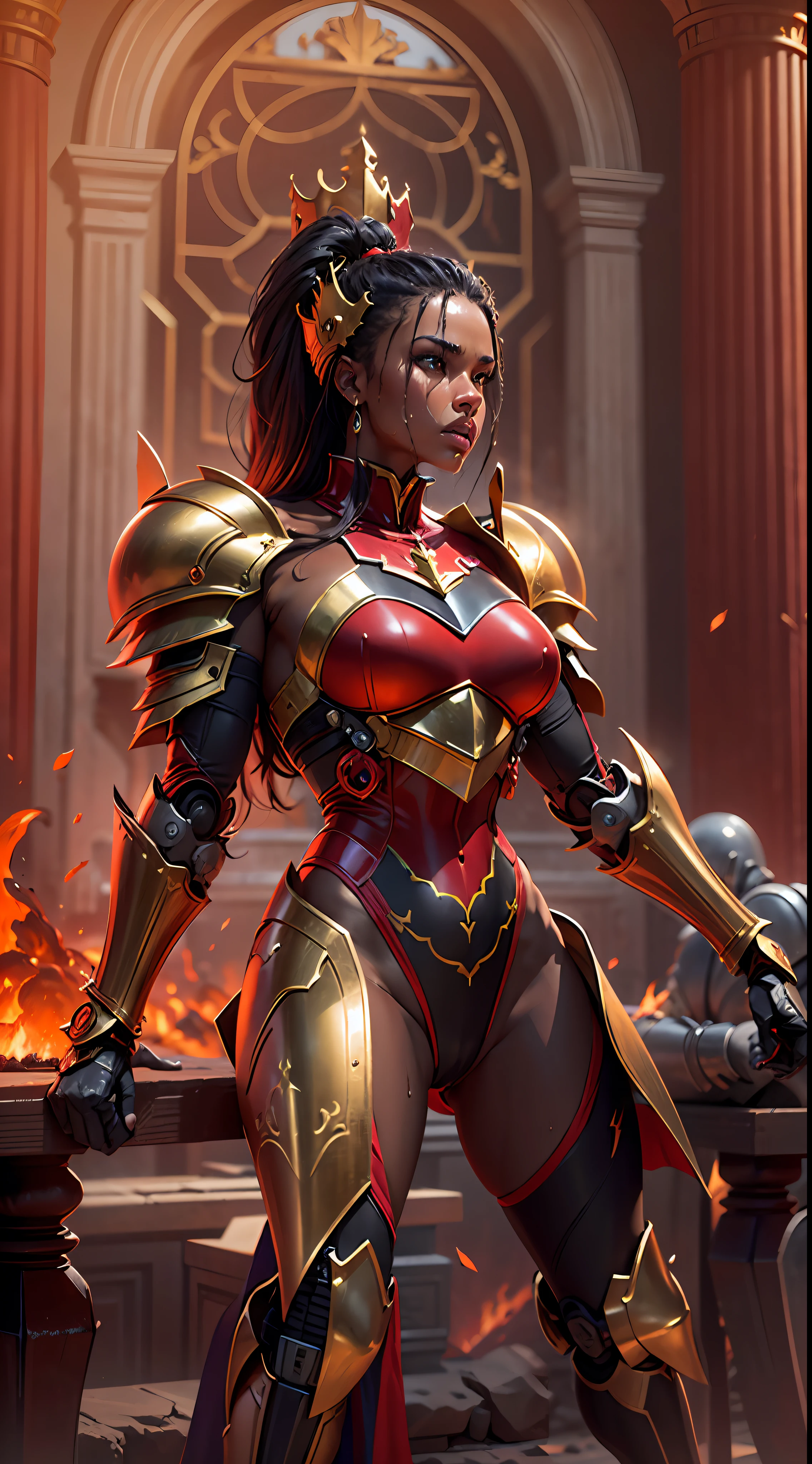 Ultra realistic , high resolution , ultra 8K , mulher negra , 30 anos de idade , pele suada , Athletic body with golden robotic armor and red color , Steel King Clothing , A Knight Cybernetic King , ultra resolution , Trono do castelo do deserto , pose de luta , brigando .