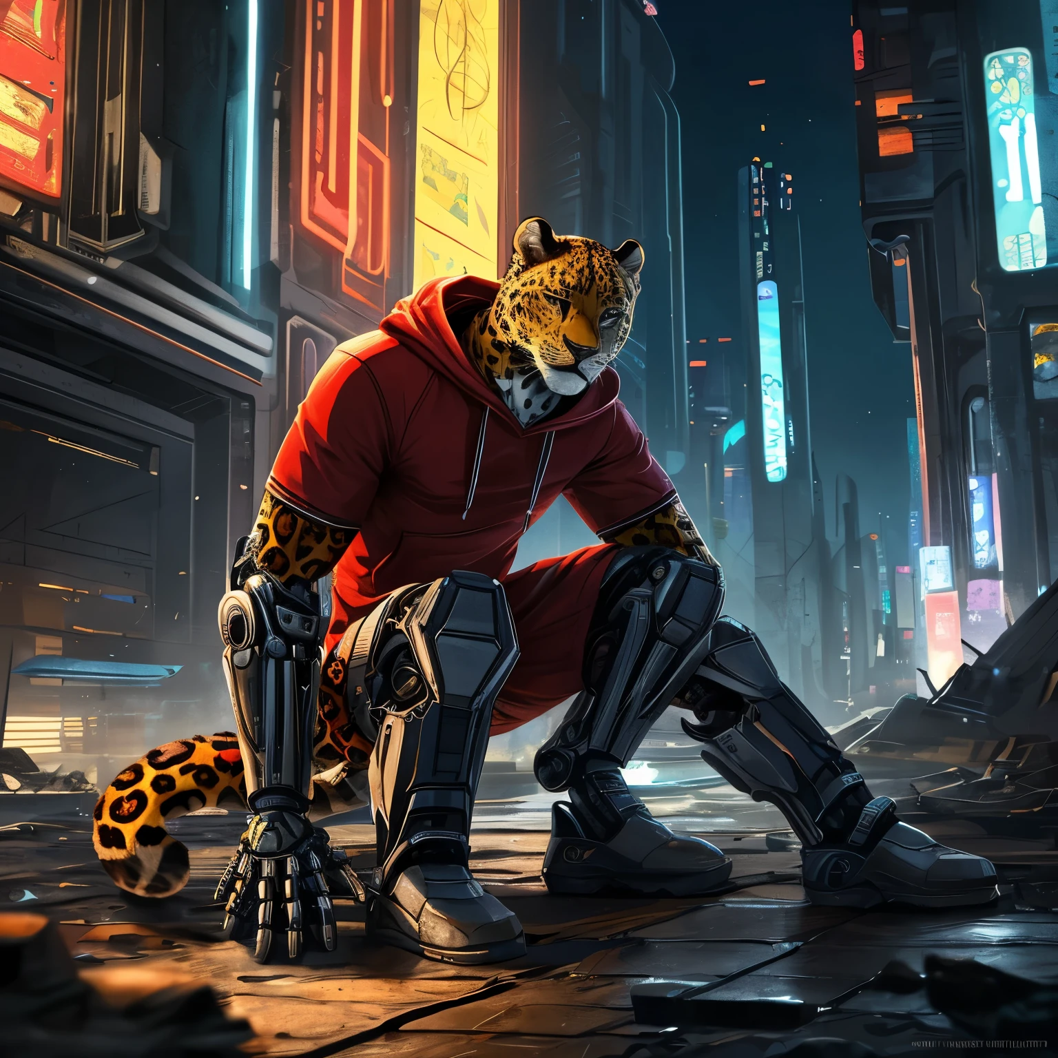 Obra Maestra: 1.1, Highest Quality: 1.1, High Resolution, Extremely Detailed, (A male furry cyborg anthropomorphic giant jaguar stands alone, His head is spongy and jaguar-like, sporting mechanical arms and hands, mechanical legs and boots. He wears a red hoodie with short sleeves, exhibiting a proud and serious face. His gaze is fixed on the ground below, contrasting the city above. His eyes are black and radiant.: 1.1), Shattered, Realistic, Illustration, Masterpiece, Comic, Cyberpunk, Science Fiction, Night, Depth of Field, M