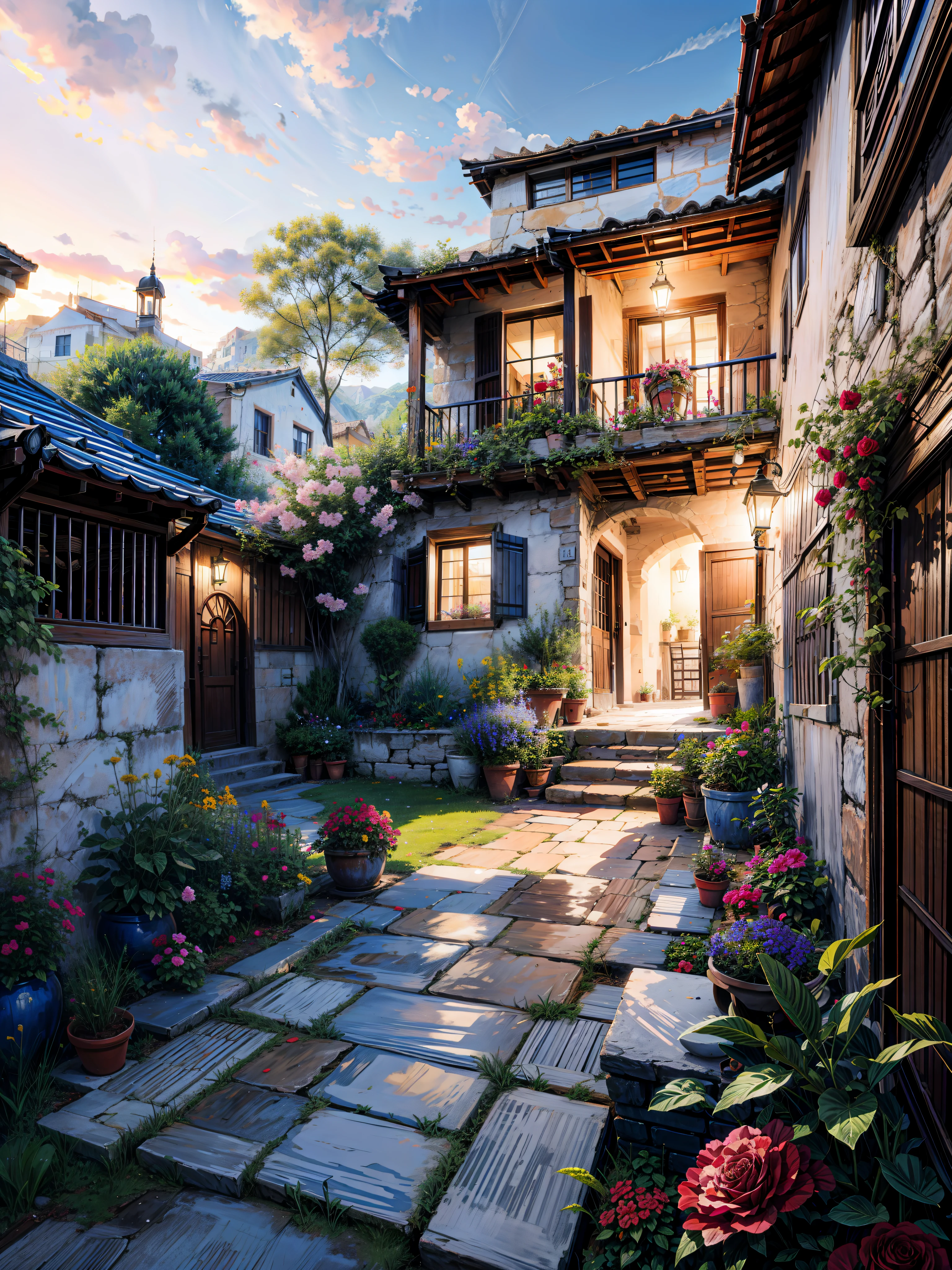 painting of a beautiful house front decorate with many roses,pink and half glass door, stone pathway,small stairs to the door, hanging door lamps, sunkissed image,flowers, beautiful art uhd 4 k, a beautiful artwork illustration, beautiful digital painting, highly detailed digital painting, beautiful digital artwork, a bustling magical town, mediterranean fisher village, mediterranean city, detailed painting 4 k, ancient mediterranean village, very detailed digital painting, rich picturesque colors, gorgeous digital painting